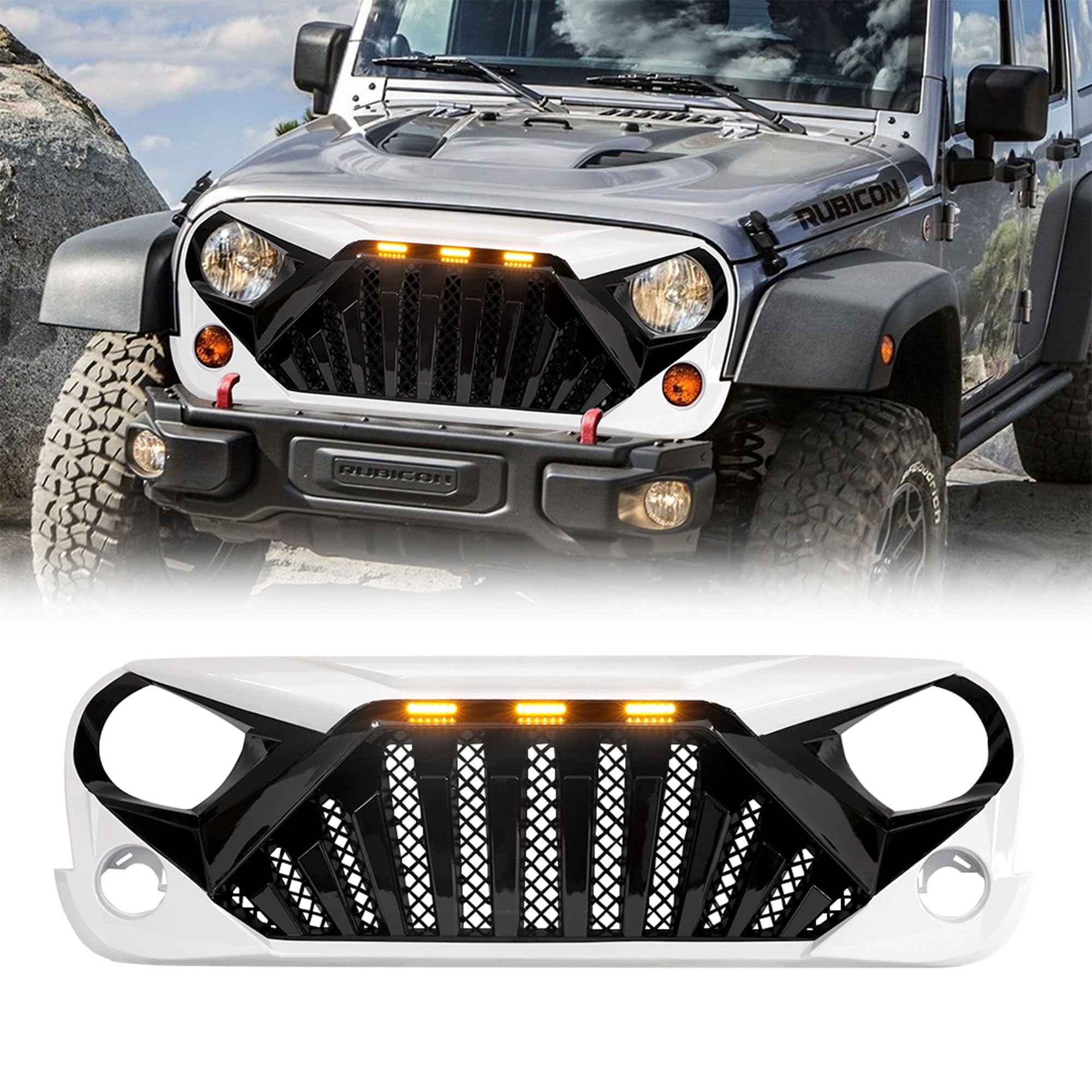 AM Heavy Duty Aggressive Goliath Grille for 2007-2018 Jeep Wrangler JK with LED Amber Running Lights - White/Black | Off-Road Upgrade & Custom Styling for Jeep Enthusiasts