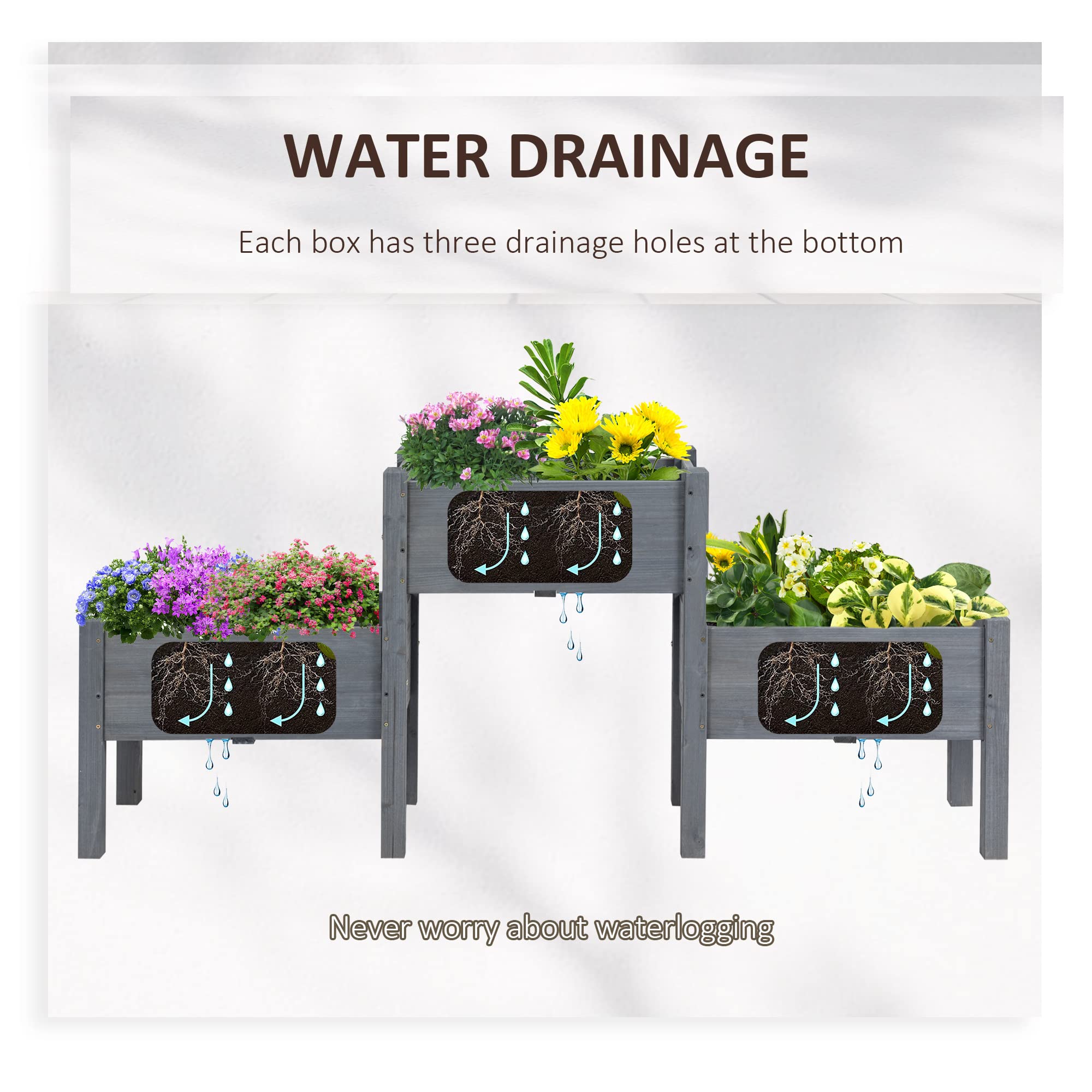 Outsunny 3-Tier Raised Garden Bed Kit - Elevated Wooden Planter Stand with Drainage Holes for Vegetables, Herbs & Flowers (Gray) - Perfect for Patio, Balcony & Small Space Gardening