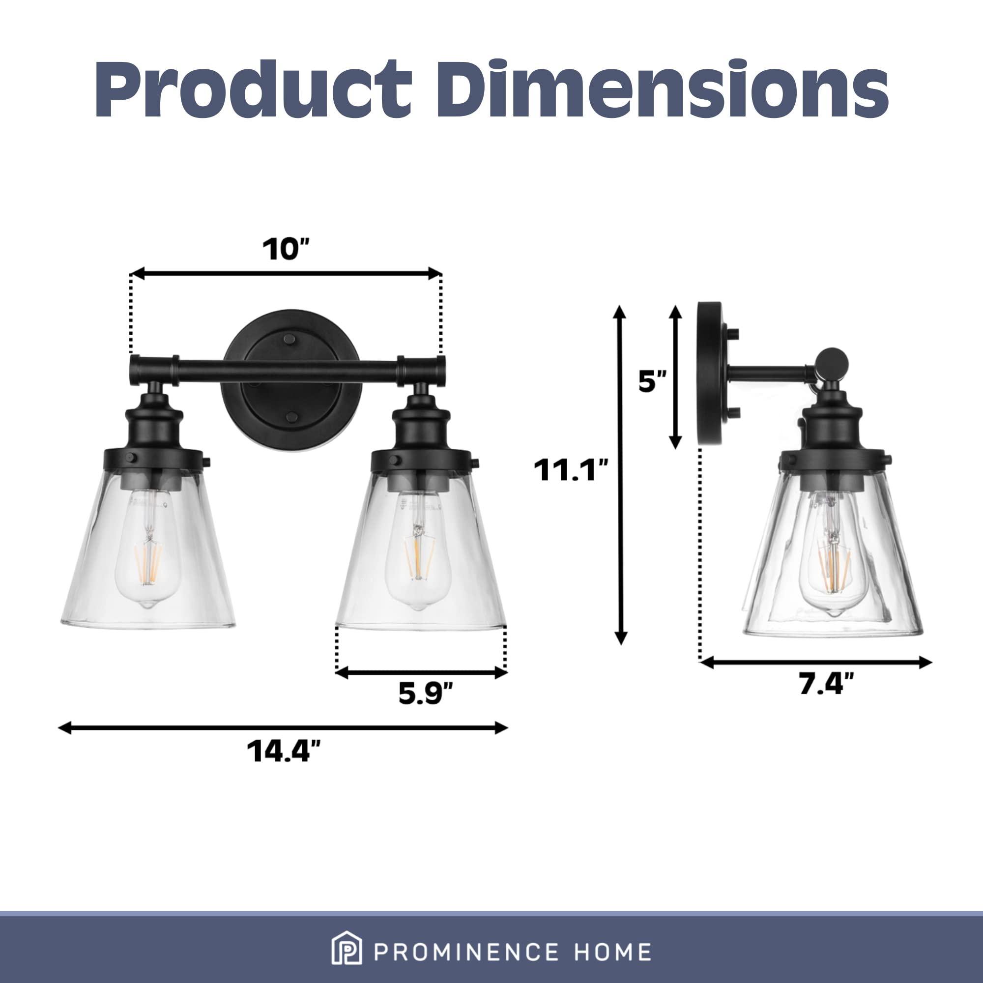 Prominence Home Helenah 2-Light Matte Black Bathroom Vanity Light Fixture with Clear Glass Shades - 51561-01 | Modern Lighting for Bathroom, Powder Room & Dressing Area