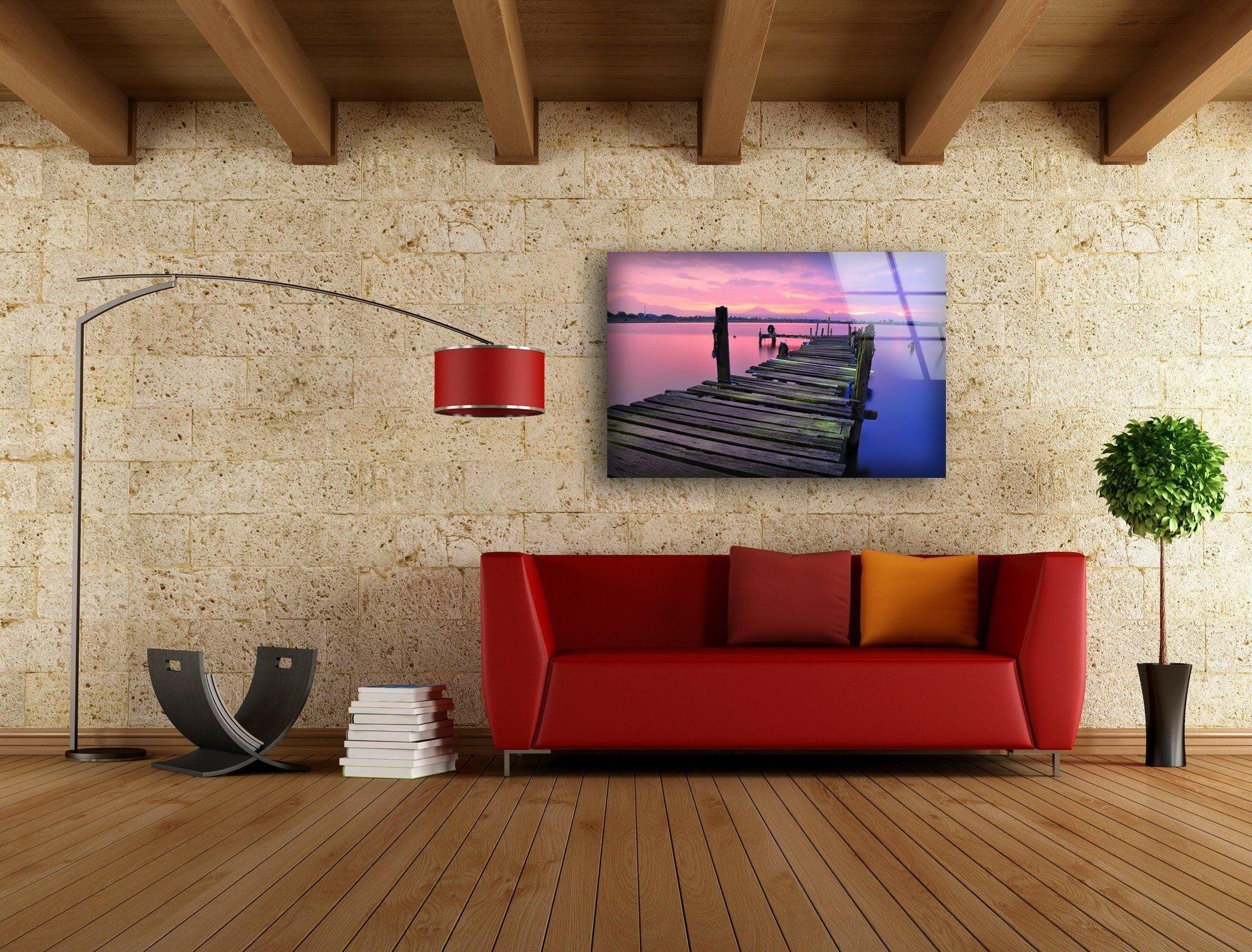 Stunning Sunrise Over Abandoned Dock - Handmade Glass Wall Art for Living Room, Bedroom & Office Decor | Coastal Landscape Artwork