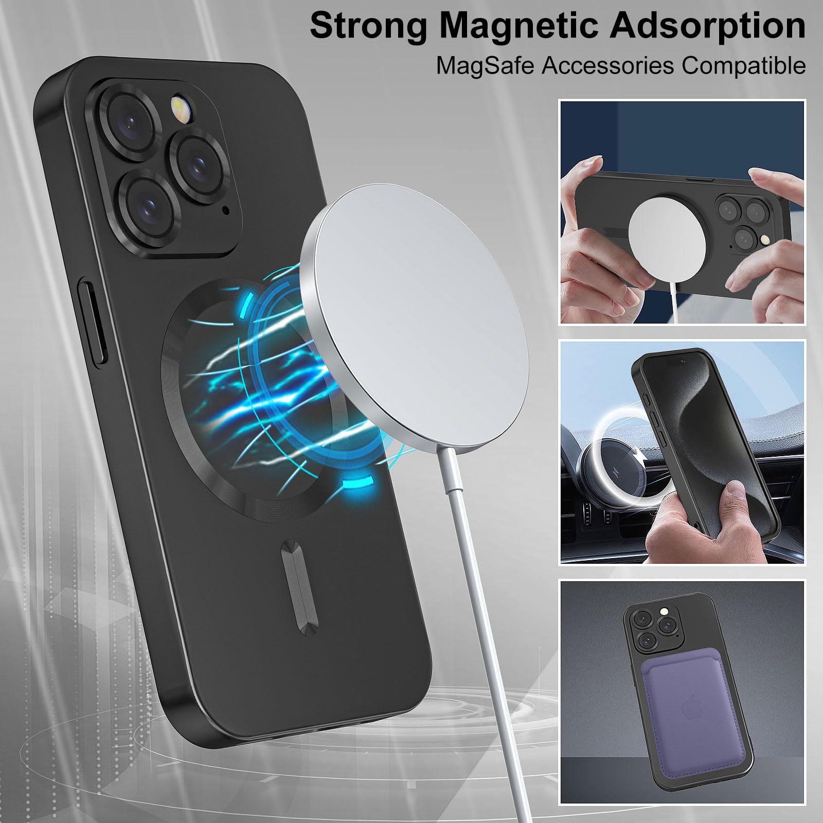 KSWOUS Magnetic Case for iPhone 15 Pro Max - MagSafe Compatible, Camera Lens Protection, Matte Metallic Design - Luxury Protective Cover for Women & Men (Black) | Perfect for Everyday Use, Work & Travel