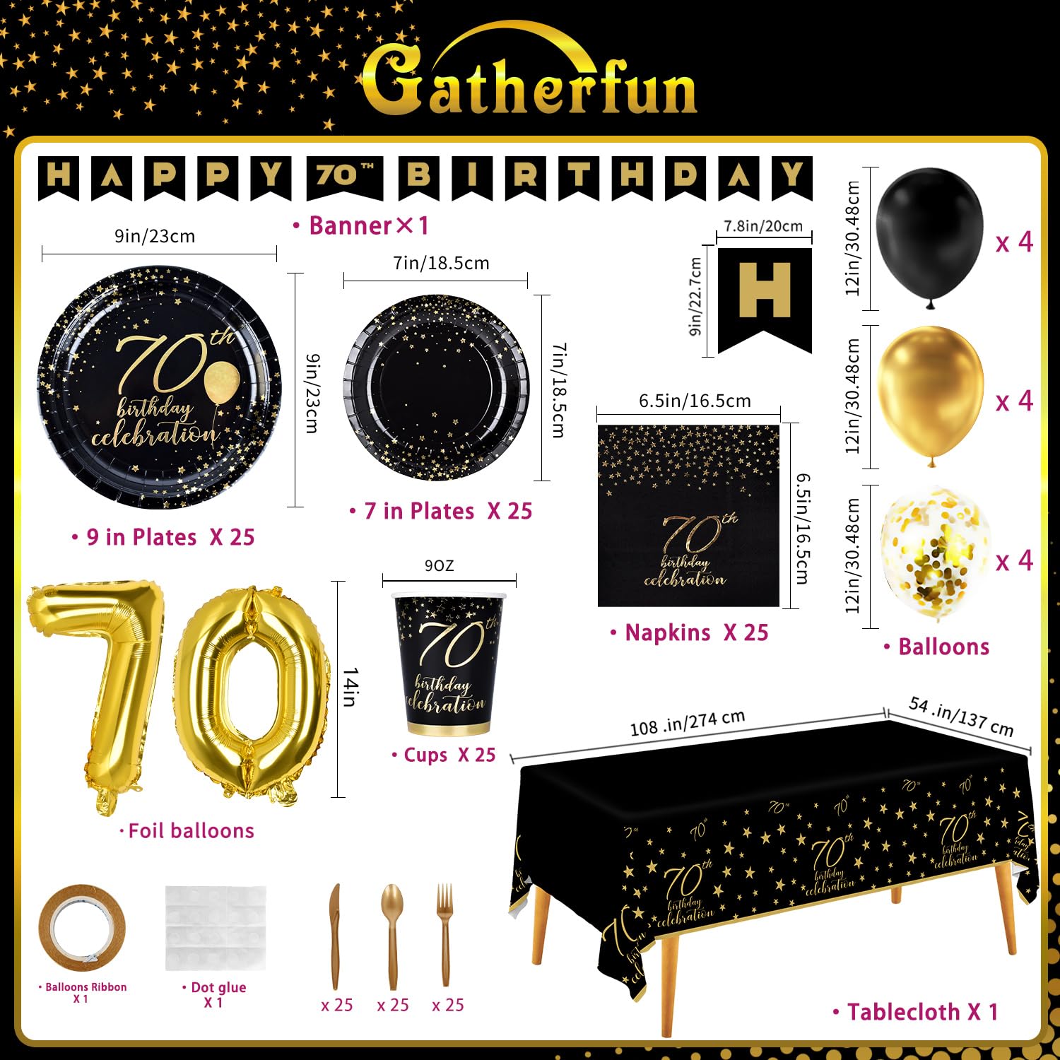 Gatherfun 70th Birthday Party Supplies Set - 25-Pack Disposable Paper Plates, Napkins, Cups, Cutlery & Tablecloth with Black & Gold Number 70 Balloons & Banner - Elegant 70th Birthday Decorations for Men & Women - Perfect for Milestone Celebrations & Retirement Parties