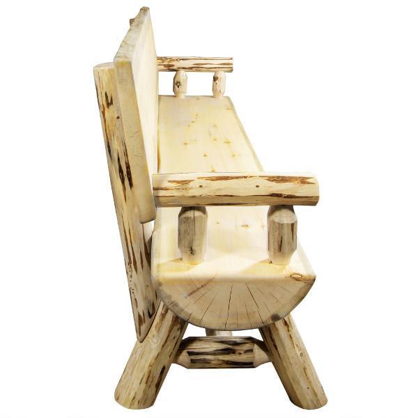 Montana Half Log Bench with Back & Arms - Rustic Outdoor Wooden Bench for Patio, Garden, and Backyard - Perfect for Relaxing, Camping, and Picnics