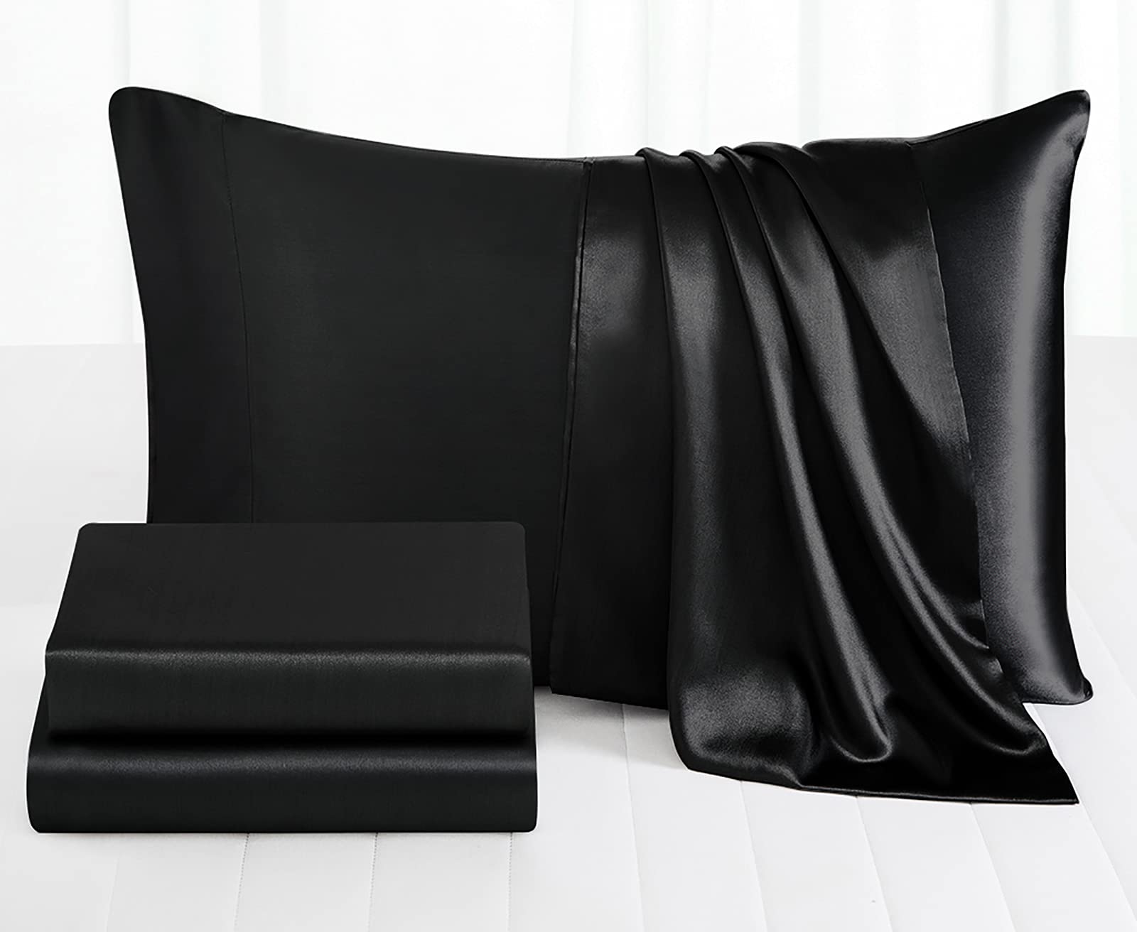Black Satin Queen Sheet Set - 4pc Deep Pocket for Bedroom Luxury
