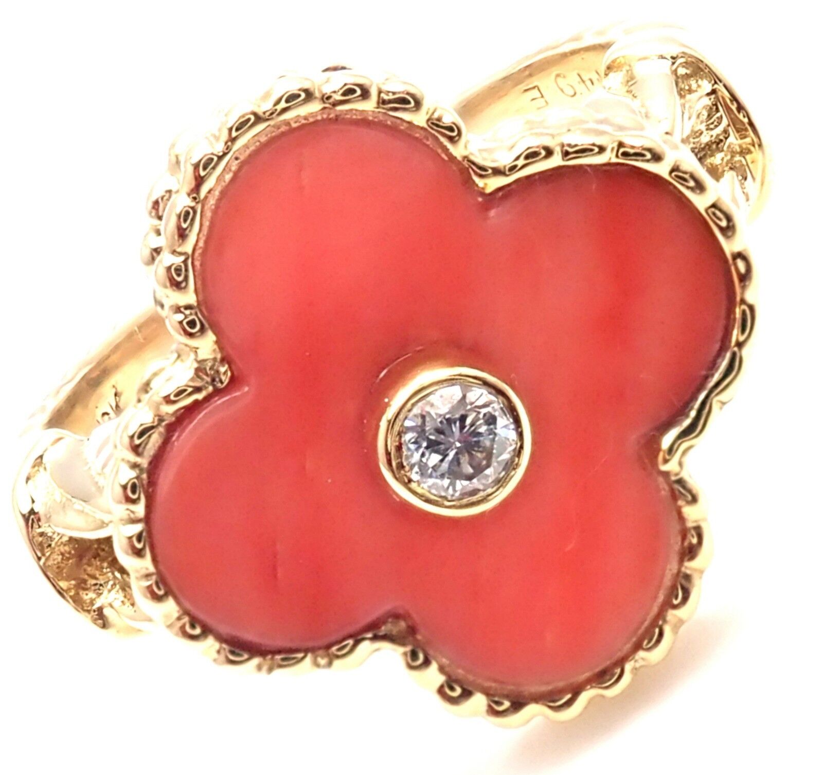 Authentic Van Cleef & Arpels Alhambra 18k Yellow Gold Coral Diamond Ring - Luxury Vintage Jewelry for Women, Perfect for Weddings, Anniversaries & Special Occasions