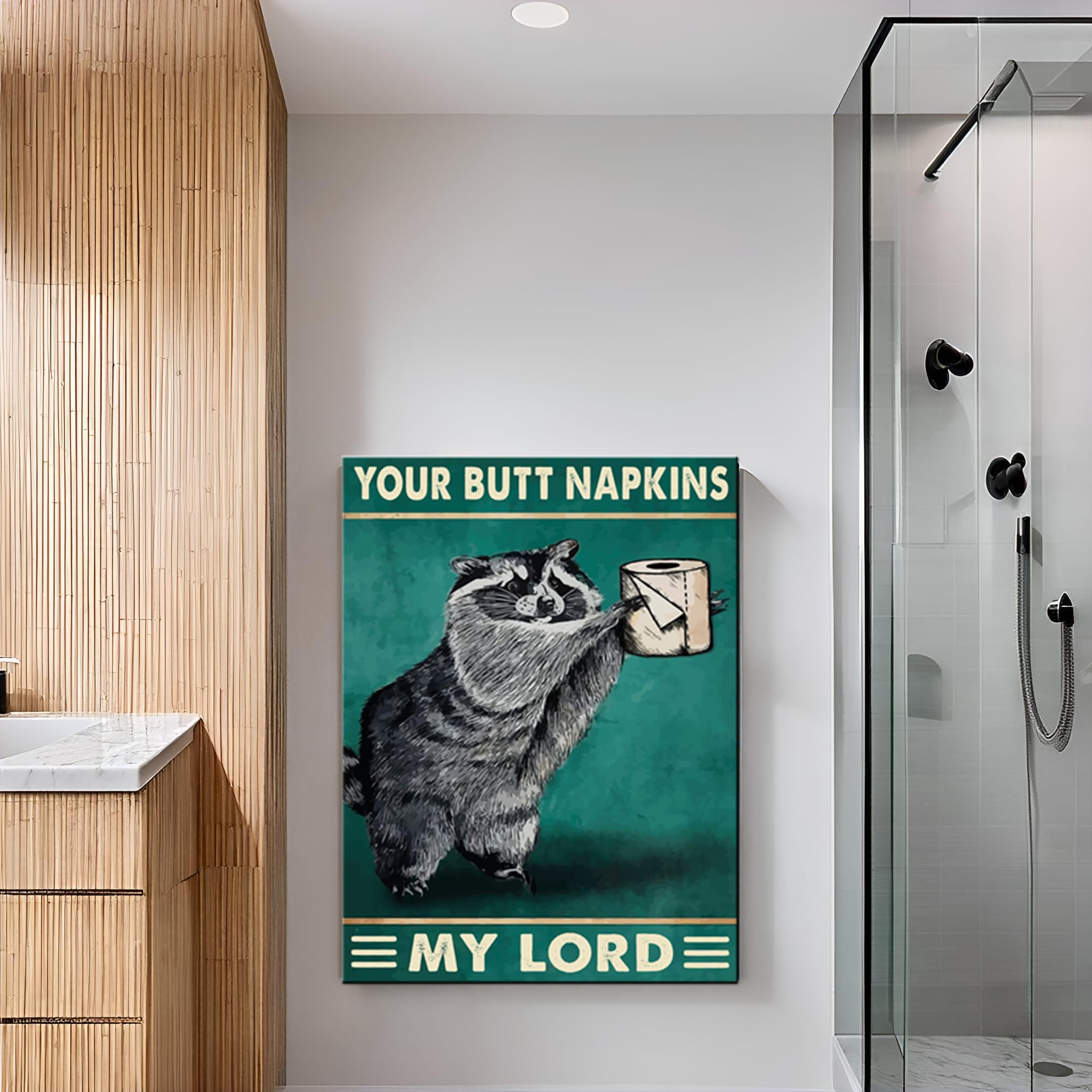 Funny Retro Raccoon Bathroom Wall Art - 'Your Butt Napkins My Lord' Canvas Print - 12x16 Inch Animal Decor for Home, Office & Gifts - Perfect for Bathrooms, Living Rooms & Funny Spaces