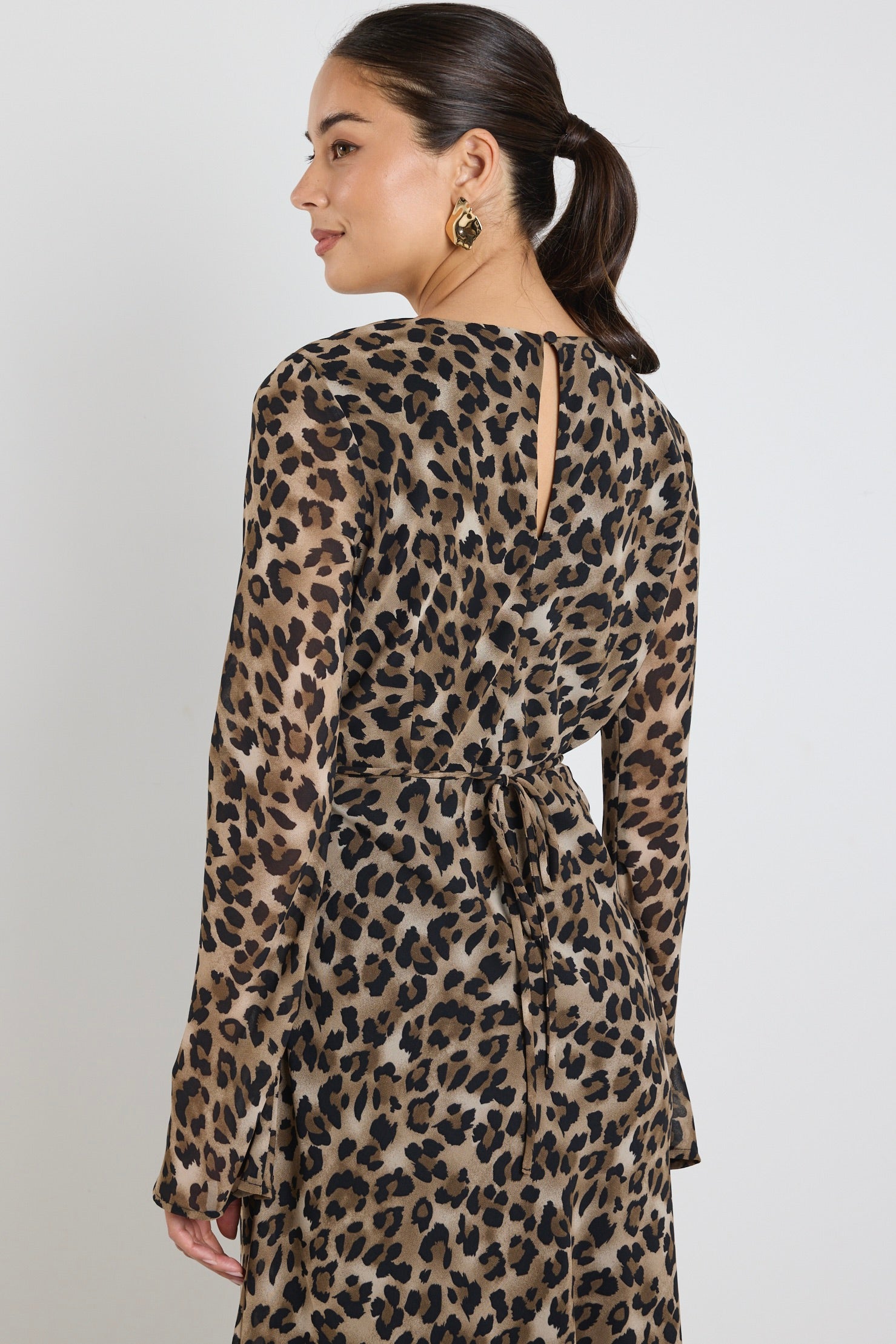 Chateau Leopard Print Georgette Fluted Sleeve V-Neck Bias Cut Midi Dress for Women | Elegant Party, Wedding Guest & Cocktail Attire