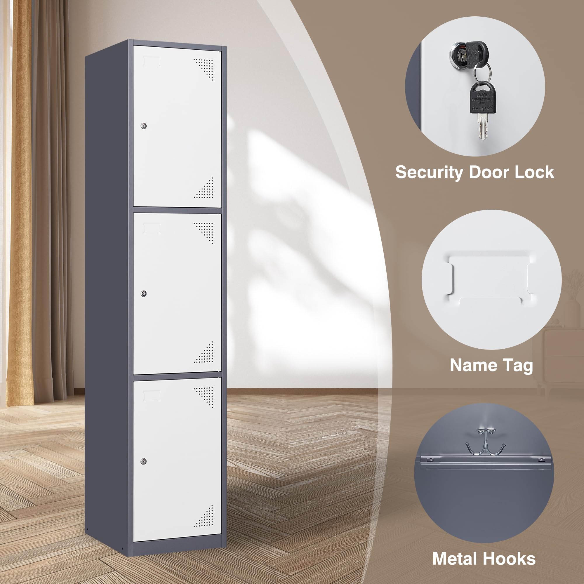 Heavy-Duty 3-Door Metal Lockers with Lock for Employees - 71