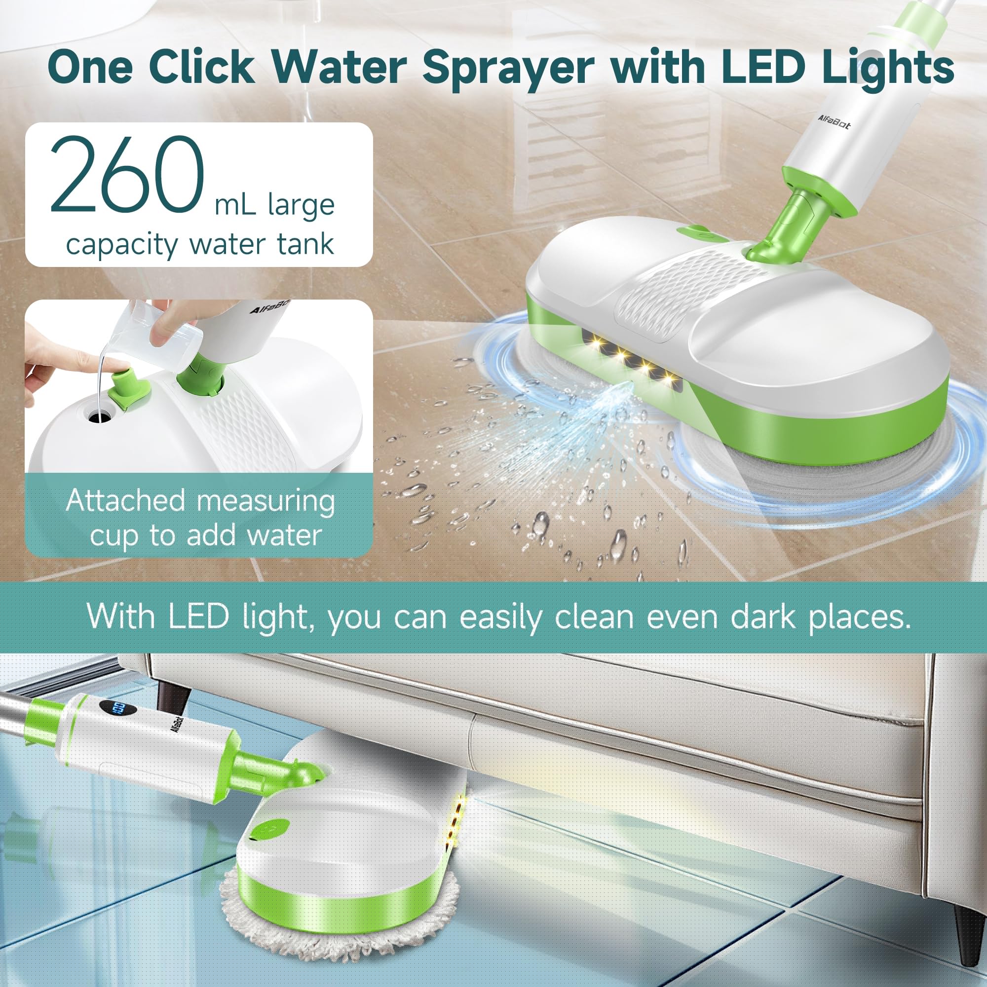 AlfaBot Cordless Electric Spin Mop for Hardwood Floors & Tile - Self-Propelled with LED Headlight, Water Spray & Large 2700 sq ft Capacity - Rechargeable Wet Dry Mop for Home, Kitchen & Pet Hair Cleaning