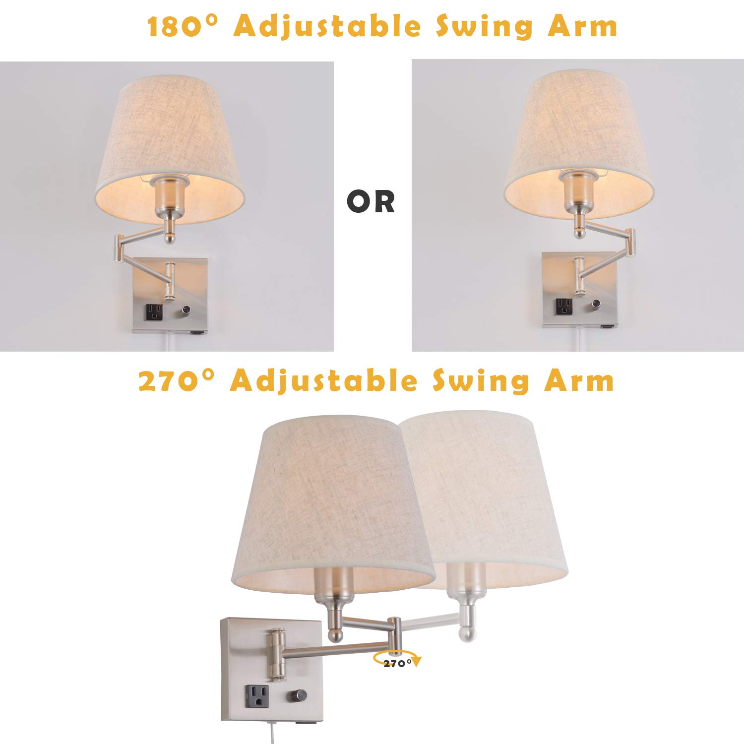 Dimmable Swing Arm Wall Sconce Light with USB Port & Outlet - Adjustable Fabric Shade Bedside Lamp in Satin Nickel for Bedroom, Living Room & Hotel - Perfect for Reading, Nightstand Lighting & Modern Home Decor