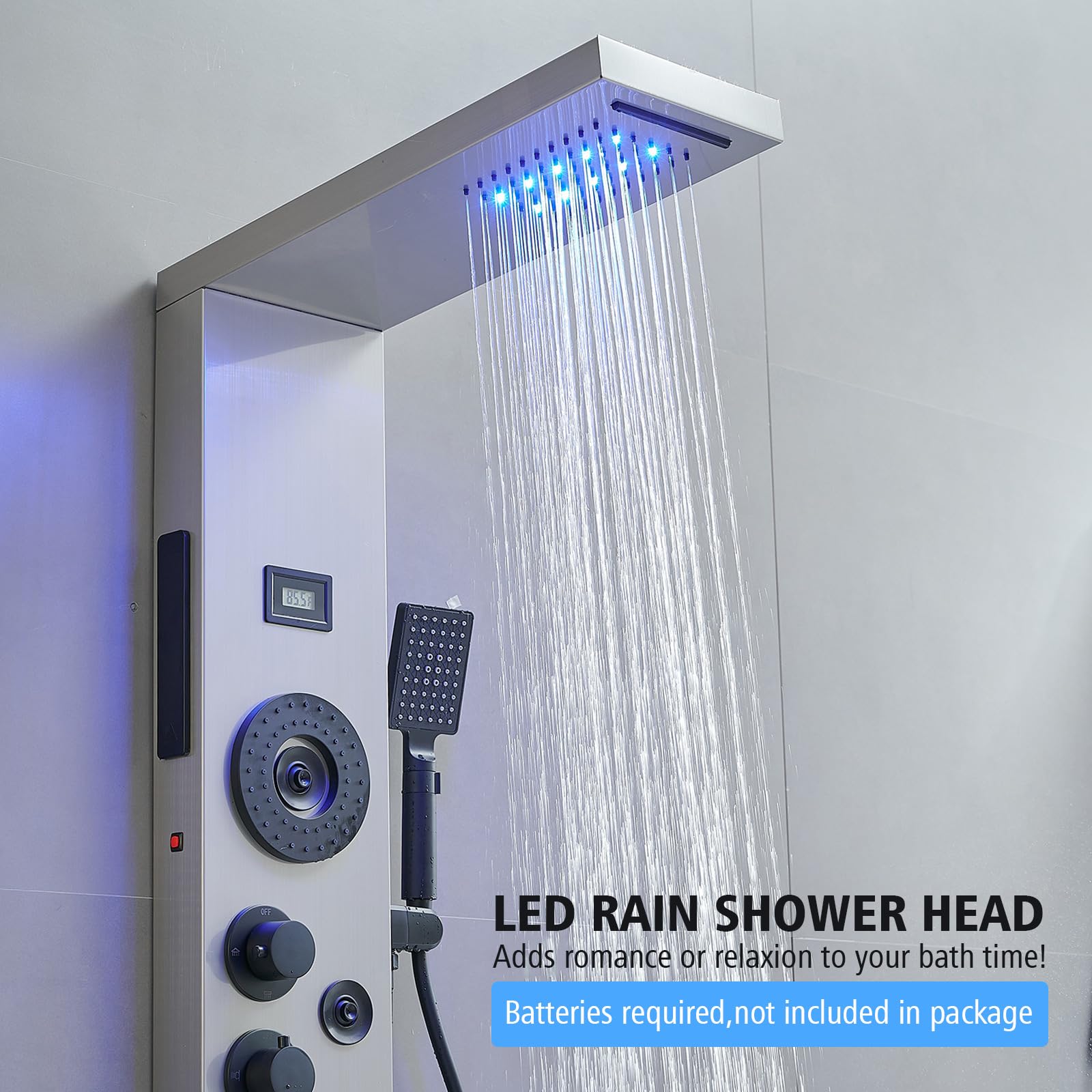 BWE Stainless Steel Shower Panel Tower System with LED Rainfall Shower Head - 4 Massage Jets, 3-Function Handheld Shower & Waterfall Tub Spout - Wall Mounted Shower Panel with Temperature Display - Perfect for Luxury Bathroom Renovation & Spa-Like Shower Experience