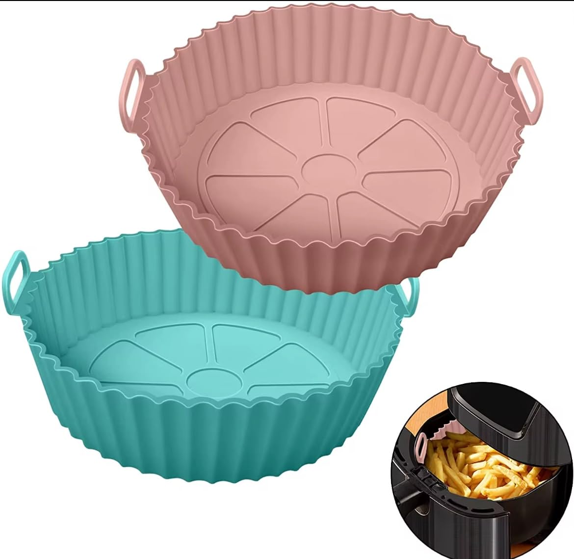 Reusable Silicone Air Fryer Liners (2-Pack) - Non-Stick, Heat-Resistant Baking Mats for Air Fryers, Ovens & Steamers - Easy to Clean, Eco-Friendly, Round with Handle - Perfect for Healthy Cooking & Meal Prep