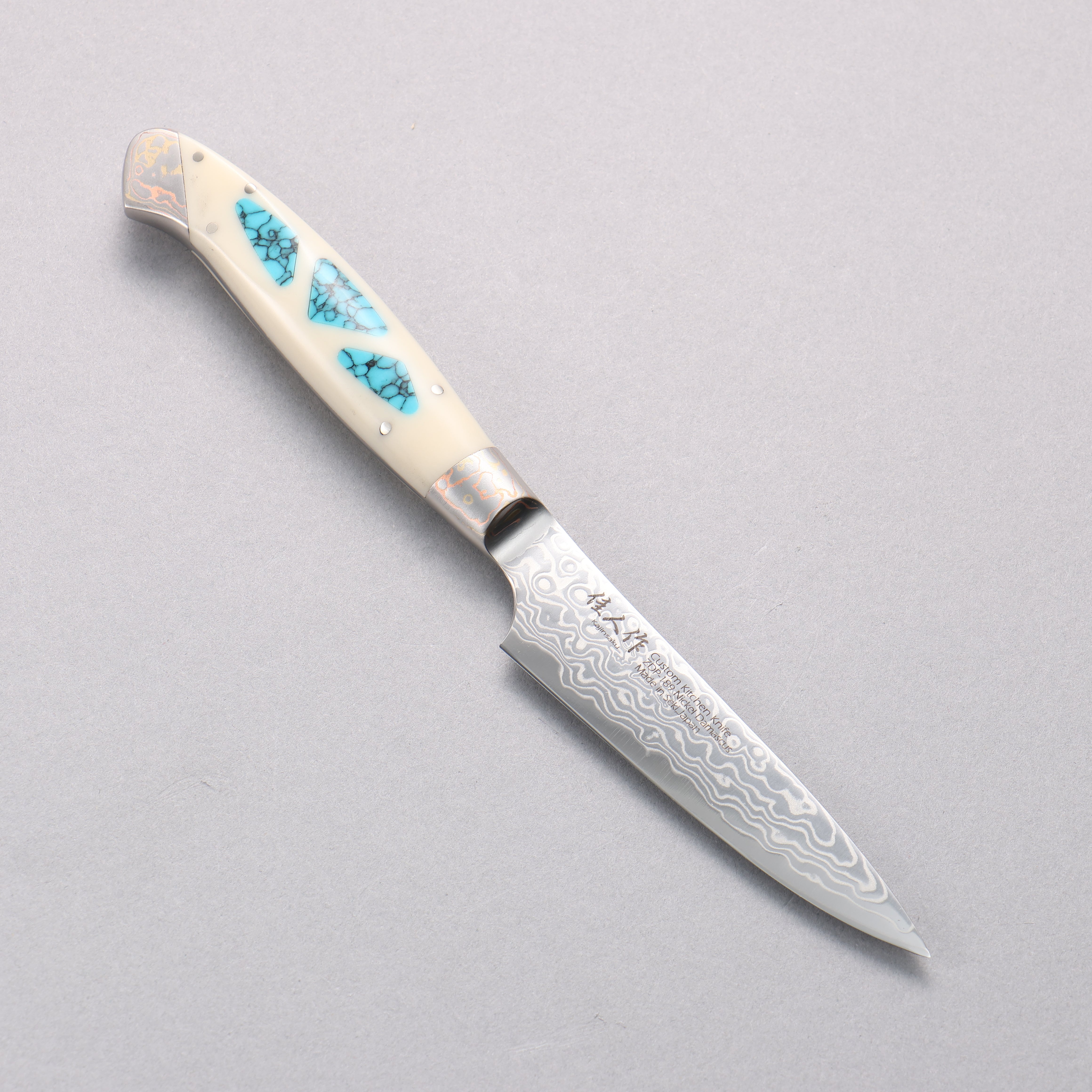 Premium ZDP189 Damascus Steel Petty Utility Knife 95mm - Corian Handle with Turquoise Inlay - Perfect for Kitchen, Camping & Outdoor Cooking