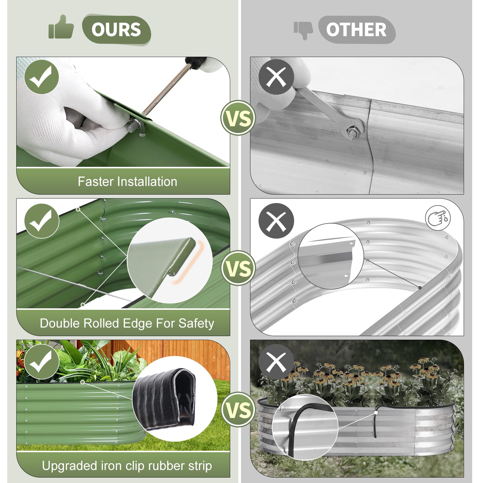 Galvanized Steel Raised Garden Bed Kit 8x2x1.4FT - Oval Metal Planter Box for Outdoor Gardening with Protective Tape, Bracing Rods & Gloves - Perfect for Vegetables, Flowers, Herbs (Green) | Durable Backyard, Patio & Urban Gardening Solution