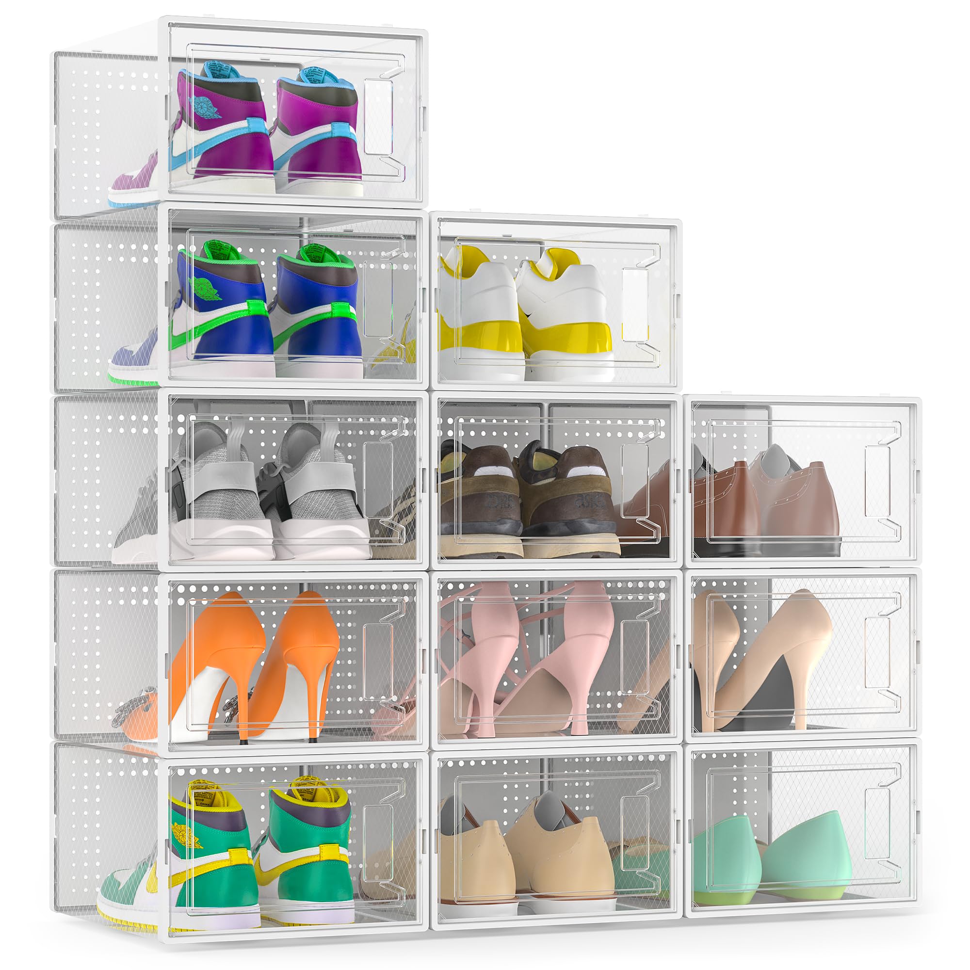 12 Pack Clear Plastic Stackable Shoe Storage Boxes with Lids - Modular Space Saving Shoe Organizer for Closet, Sneaker Display Case Bins | Perfect for Sneaker Collection, Closet Organization & Small Space Storage Solutions