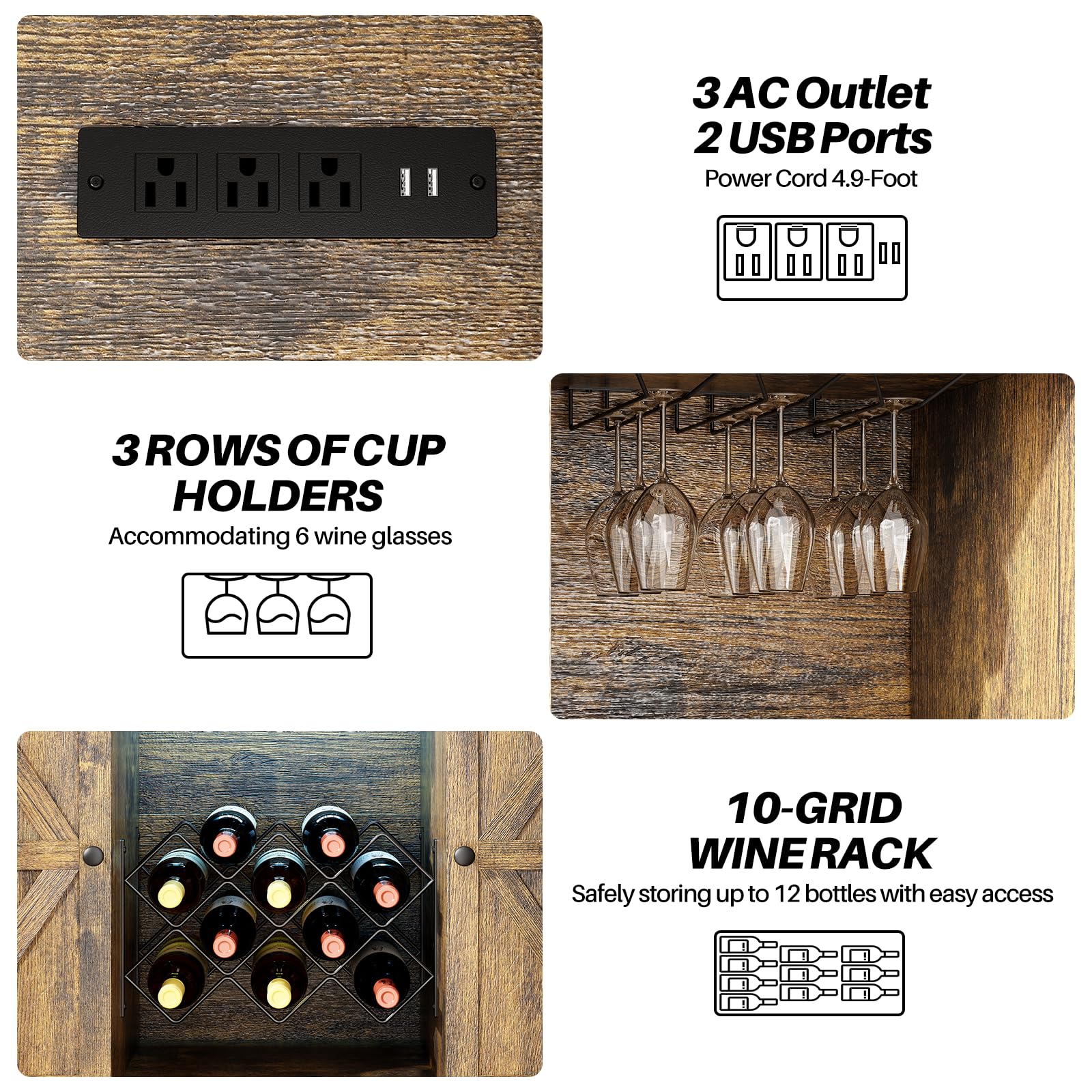 Redlife Industrial Wine Bar Cabinet with Power Outlets, LED Lights & Glass Holder - Modern Storage Buffet for Coffee & Wine Station - Perfect for Home Bar, Dining Room & Entertainment Areas