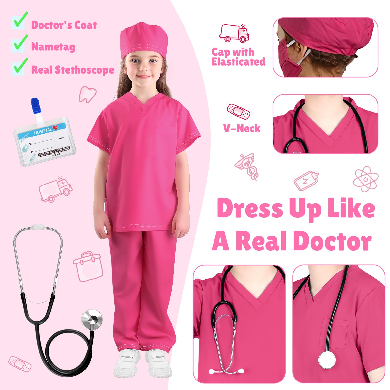 Kids Doctor Costume Set with Scrubs & Accessories - Halloween Dress Up for Toddlers & Children | Pretend Play, Role Play, Halloween Party Costume