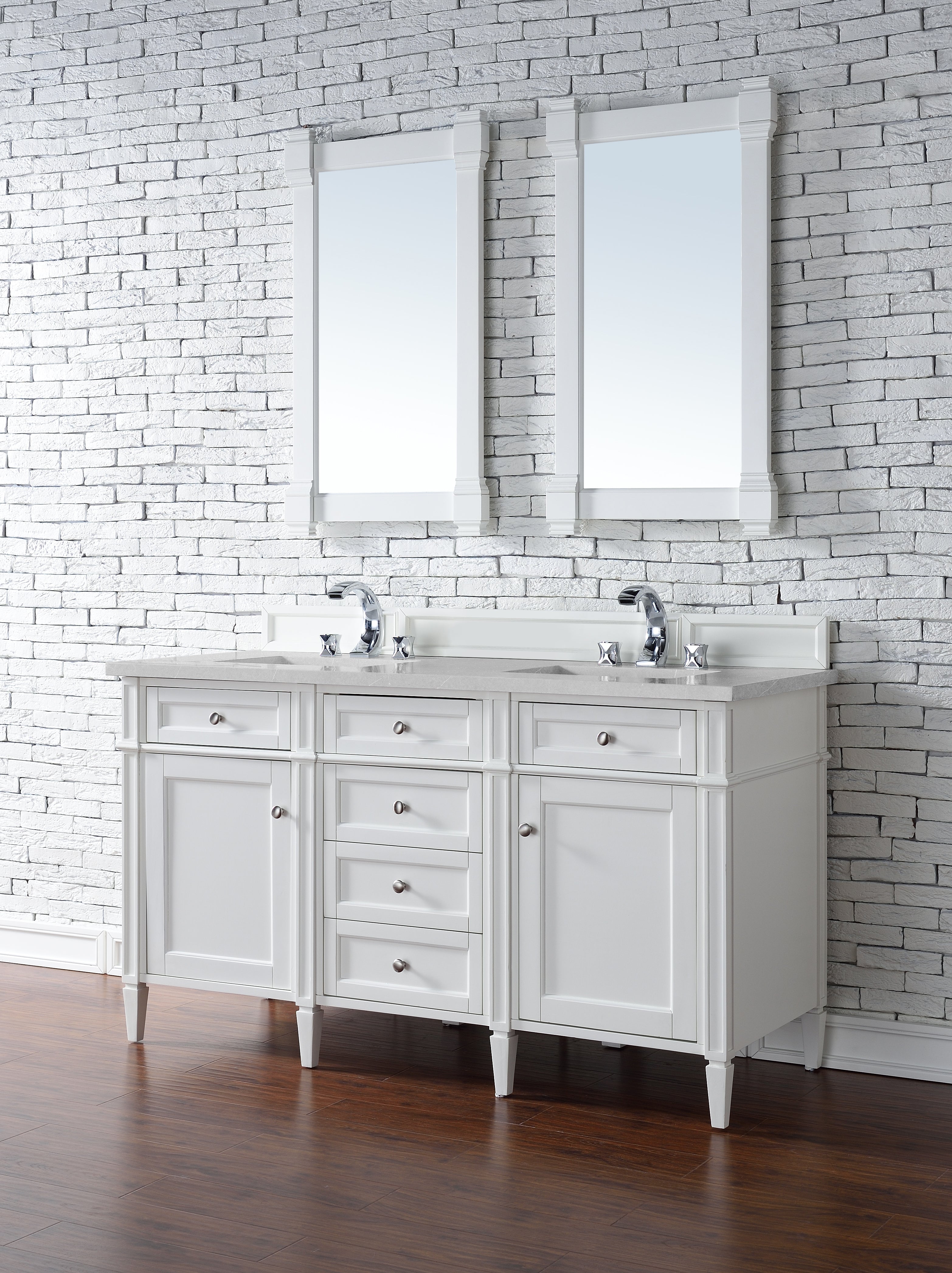 Brittany 60-Inch Bright White Double Bathroom Vanity with 3CM Eternal Serena Quartz Countertop - Perfect for Master Bathrooms & Luxury Home Renovations