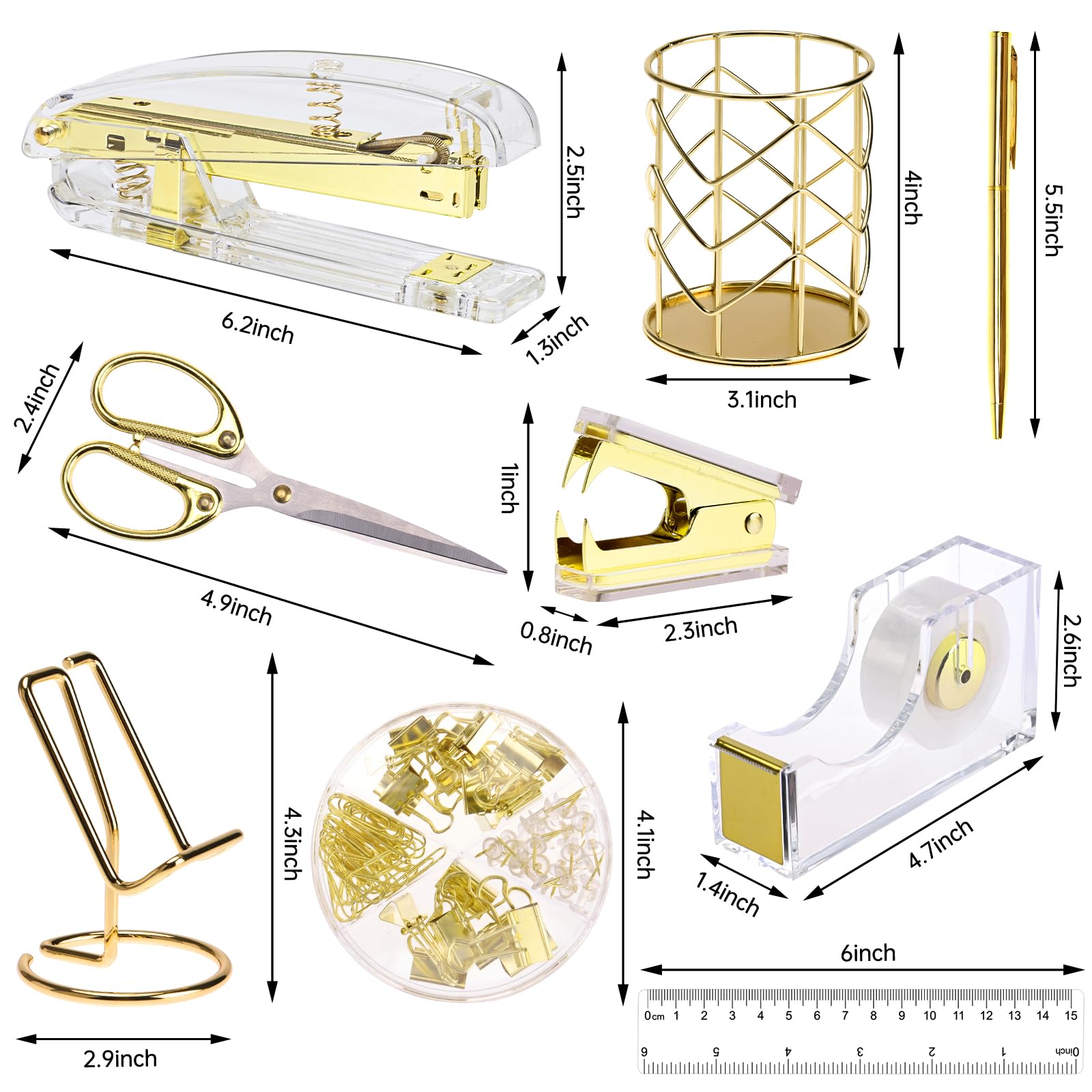 Premium Gold Office Supplies Set - Acrylic Stapler, Staple Remover, Phone Stand, Tape Dispenser, Pen Holder with 2 Ballpoint Pens, Scissors, Binder Clips, Ruler & Glue - Elegant Desk Organizer for Home Office, Workstation or Gift