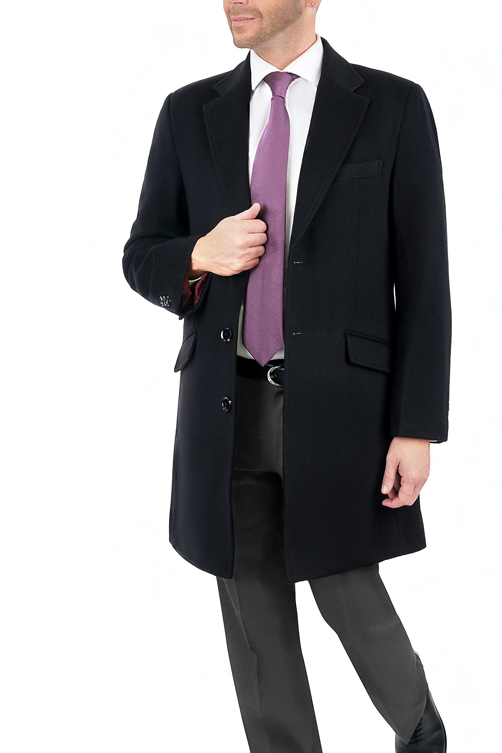 Premium Men's Wool Cashmere Blend Single-Breasted Black 3/4 Length Top Coat - Winter Business Formal Overcoat for Office, Weddings & Special Occasions