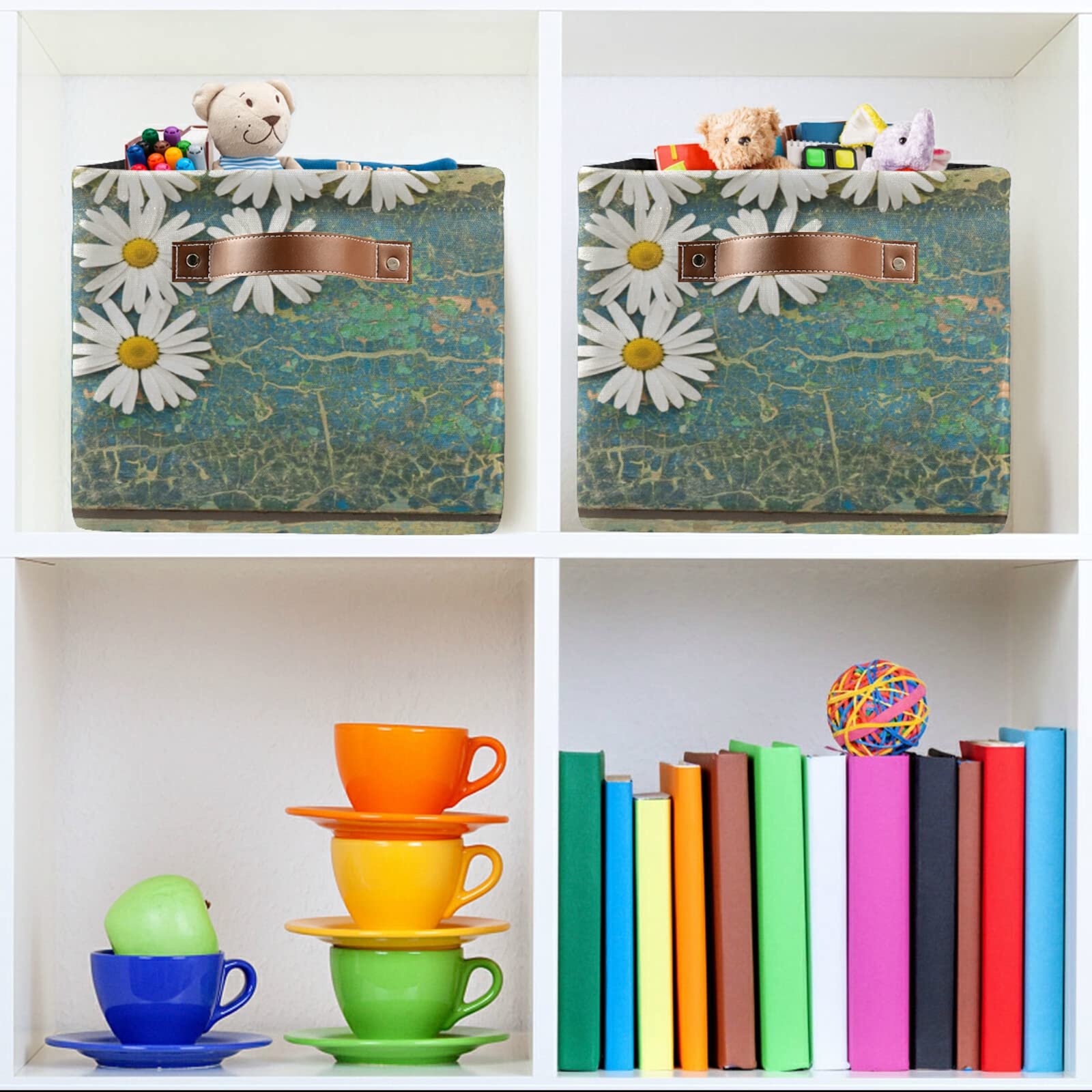 Floral Daisy Wood Storage Bin - Large Collapsible Canvas Storage Basket with Handles for Toys, Clothes & Home Organization - Perfect for Bedroom, Closet, Office & Shelves (1-Pack)