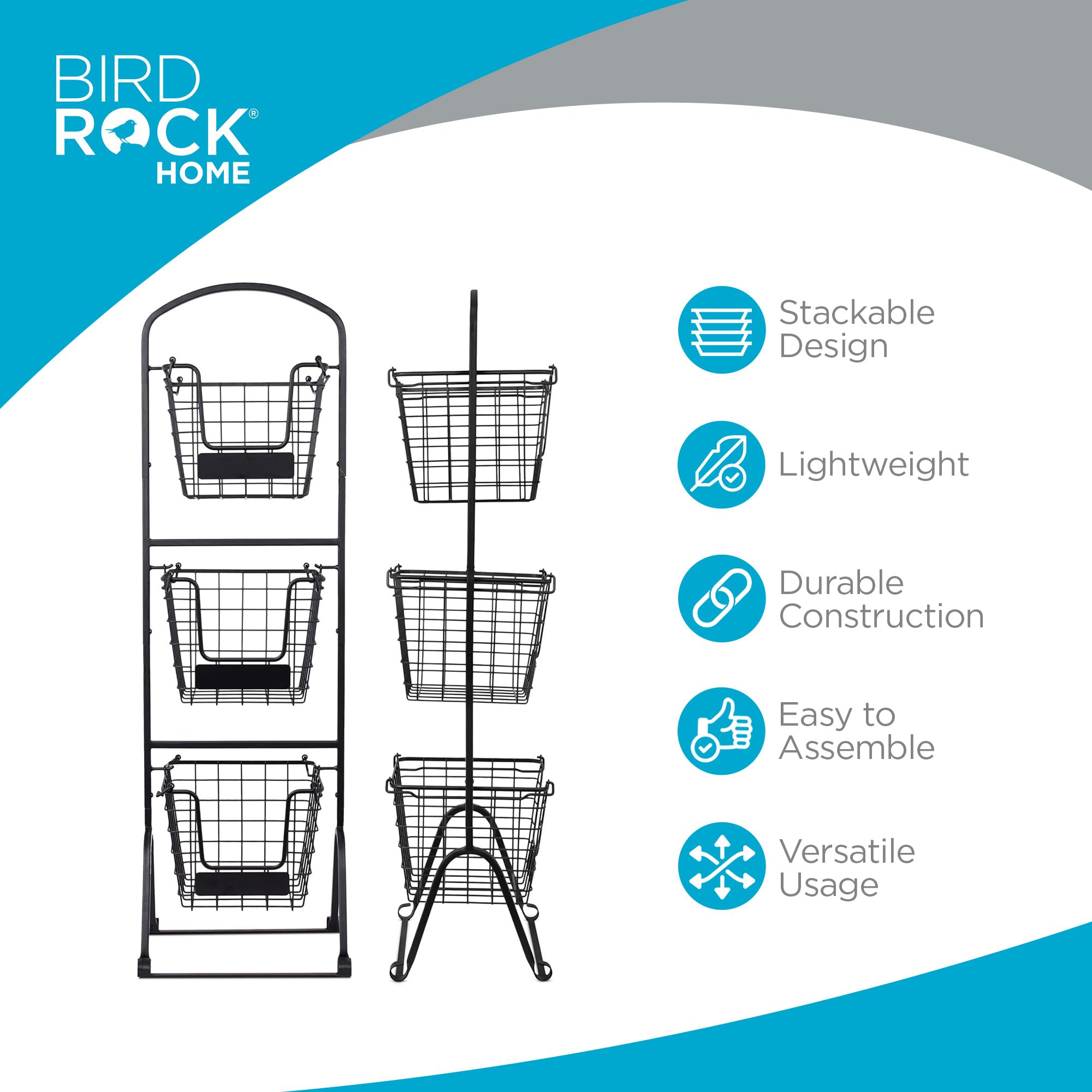 BIRDROCK HOME 3-Tier Metal Wire Basket Organizer with Chalkboard Labels - Stackable Storage Shelf for Kitchen Counter, Pantry & Cabinet - Perfect for Fruits, Vegetables, Bread, Onions & Potatoes - Space-Saving Black Storage Solution for Home & Office Organization