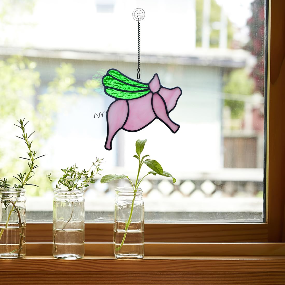 BOXCASA Flying Pig Stained Glass Window Hanging Decor - Cute Pig Sun Catcher for Indoor Windows, Funny Piggy Ornament - Lucky Animal Gift for Pig Lovers, Kids, Girls, Women & Moms (Perfect for Birthday Gifts, Home Decor, Nursery Room & Office Windows)