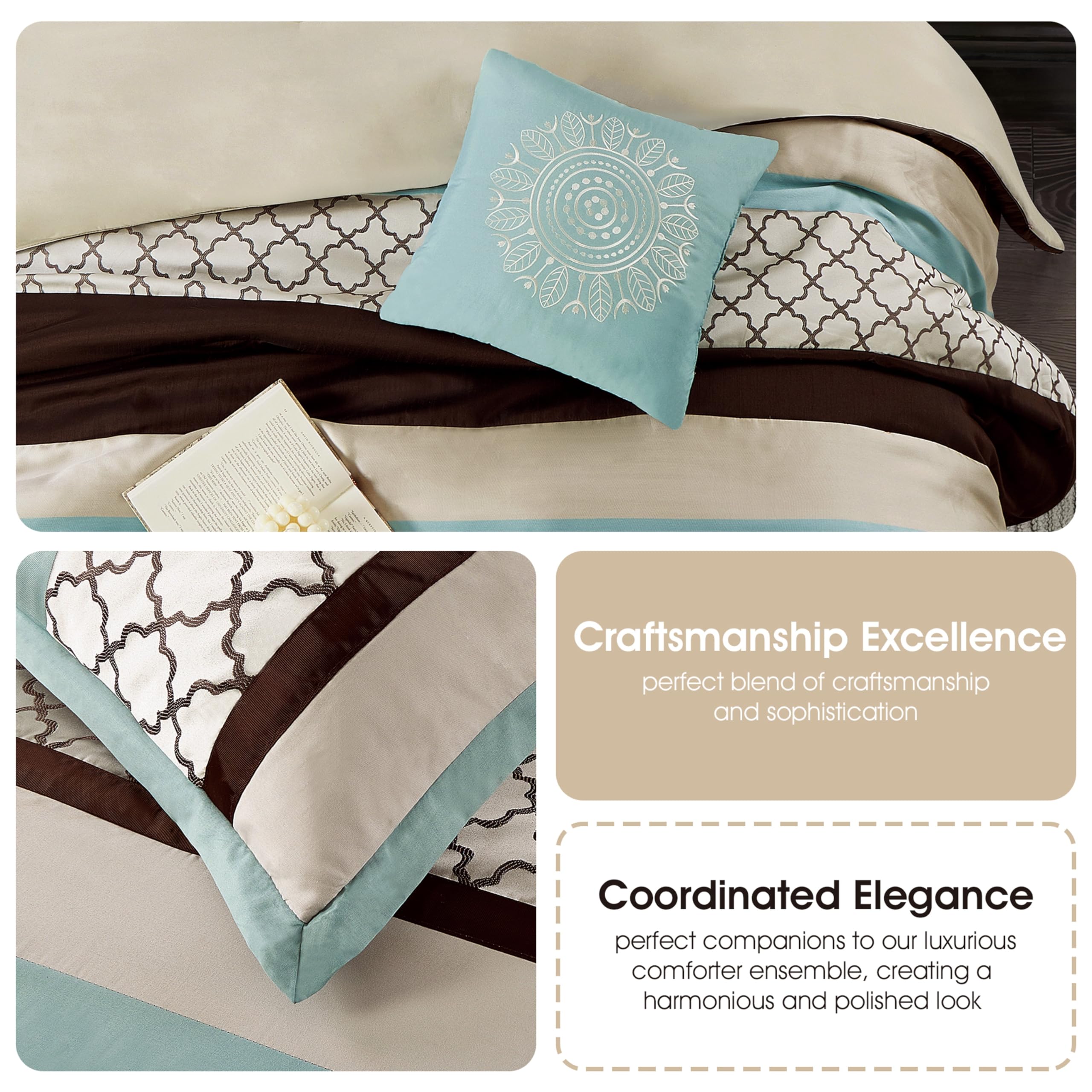 Stratford Park 8-Piece Queen Size Comforter Set - Striped Pintuck Design in Aqua Brown | Includes Matching Bedskirt, Pillows & Shams | Perfect for Master Bedroom, Guest Room & Vacation Homes
