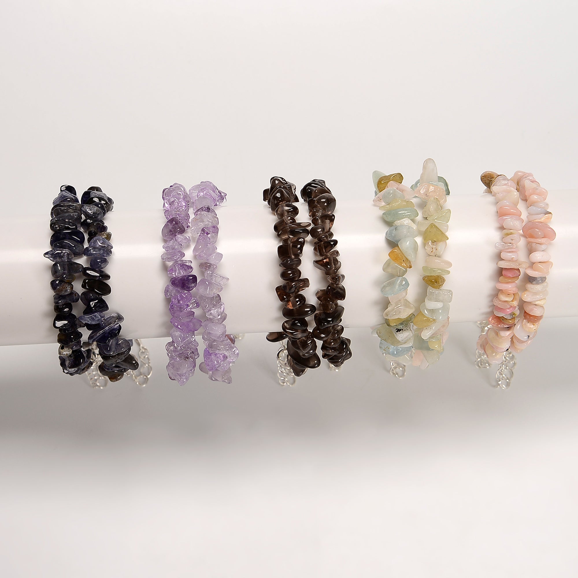 03 Mixed Gemstone Chips Bracelet - Silver Plated Clasp, 5-8mm Beads, 7