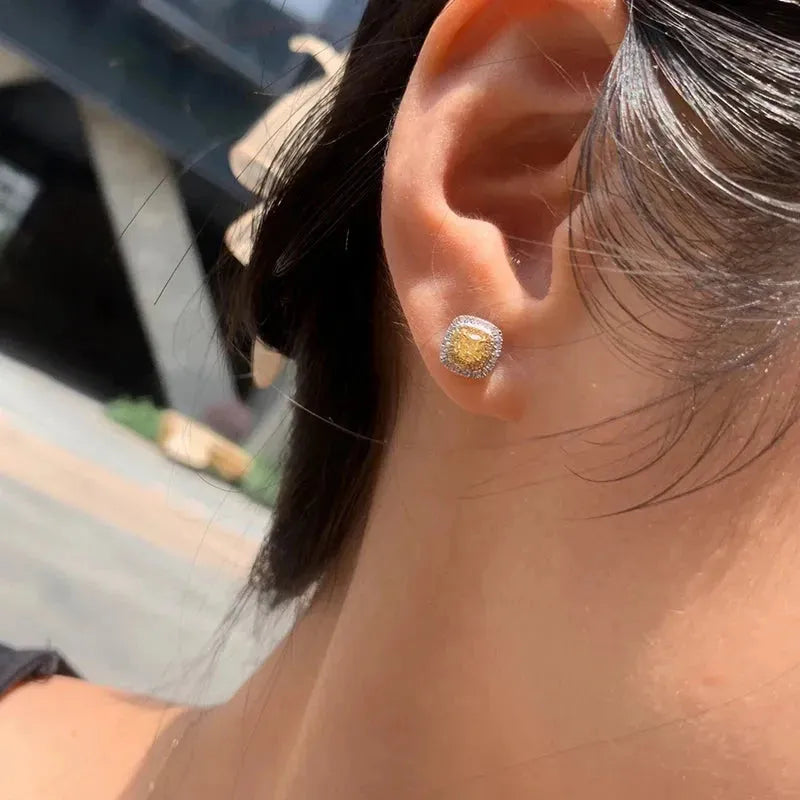 18K White Gold Luxury Natural Yellow Diamond Halo Stud Earrings for Women | Engagement, Wedding & Party Jewelry | Perfect Gift for Anniversary, Valentine's Day & Special Occasions