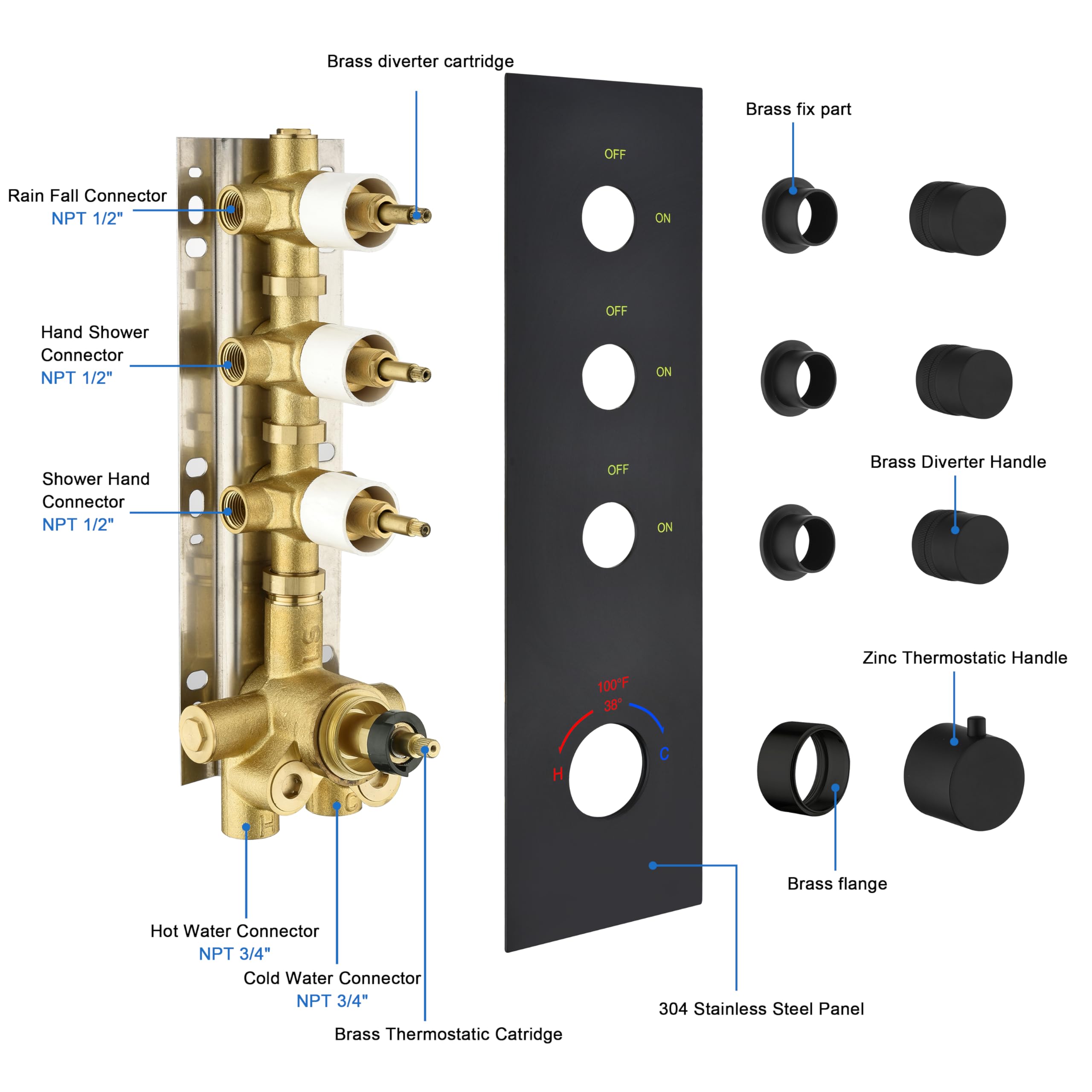 3-Way Shower Diverter Valve Matte Black - Thermostatic Mixer Brass Valve with 3 Functions & Flow Control - Perfect for Shower Arm Kits & Bathroom Renovations - Ideal for Spa-Like Showers, Water Conservation & Multi-Head Installations