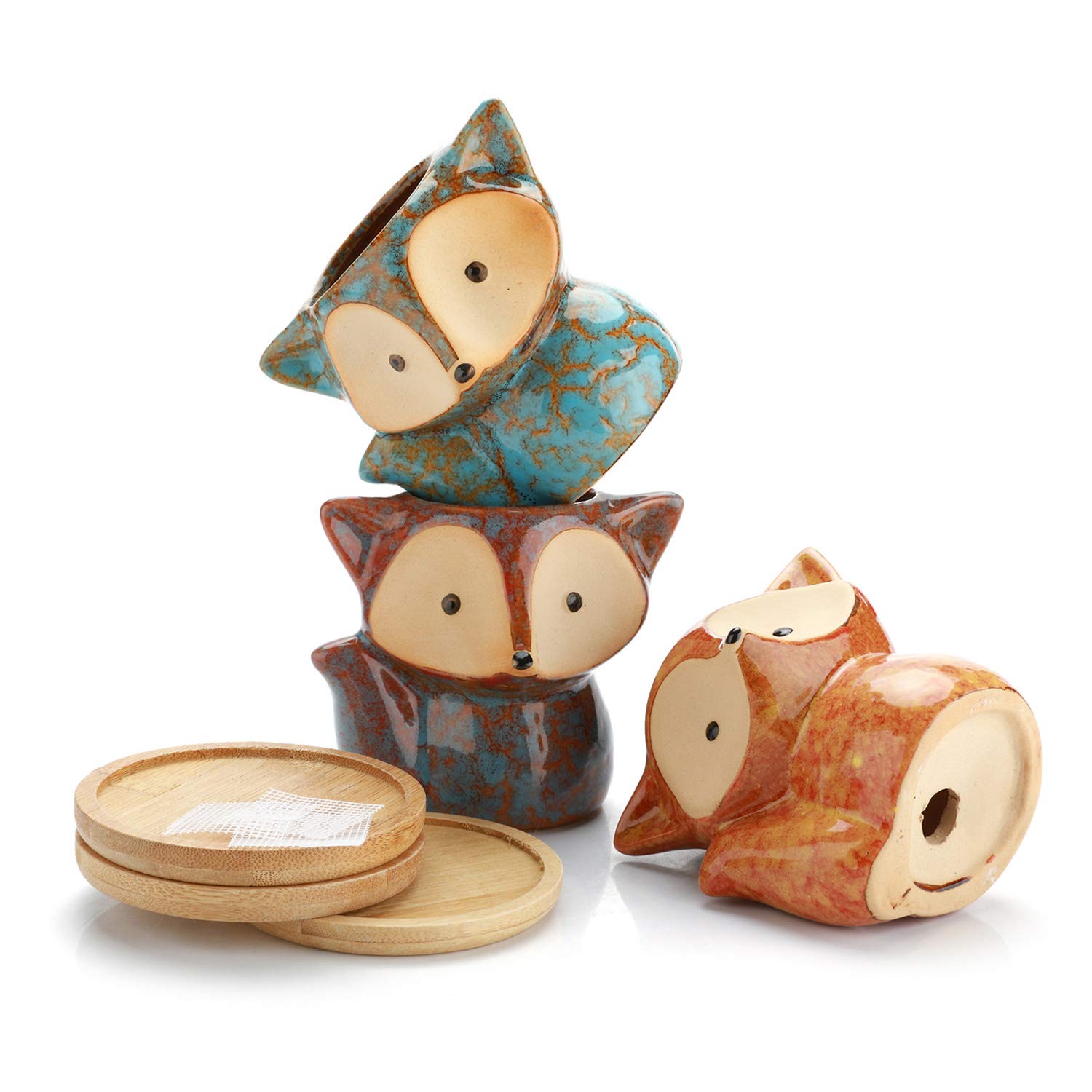 Fox Shaped Ceramic Succulent Planter Pot Set of 3 with Bamboo Tray - Cute Cactus Plant Pots for Home, Office Desk Decor - Birthday & Wedding Gift Idea - Transmutation Glaze Design for Indoor Plants & Succulent Lovers