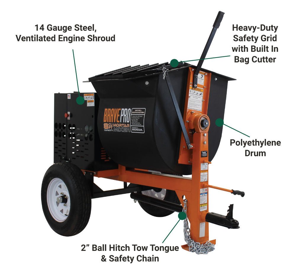 Brave 8 Cu. Ft. Poly Drum Mortar Mixer with Honda GX240 Engine - Perfect for Construction, Concrete Work & DIY Projects
