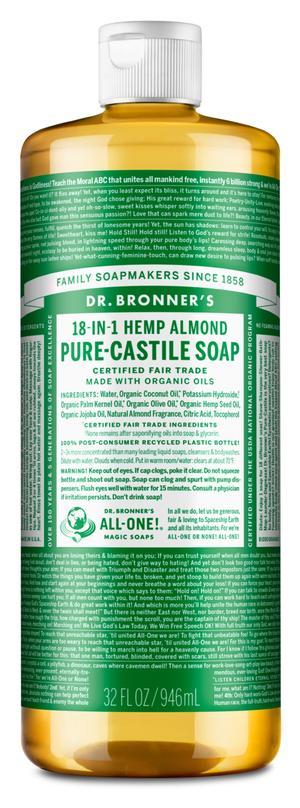 Dr. Bronners Pure Castile Liquid Soap - Organic Almond Scent, 18-in-1 Uses for Body, Hair, Home & Baby Care | Vegan, Cruelty-Free & Eco-Friendly | Perfect for Showering, Hand Washing & Household Cleaning