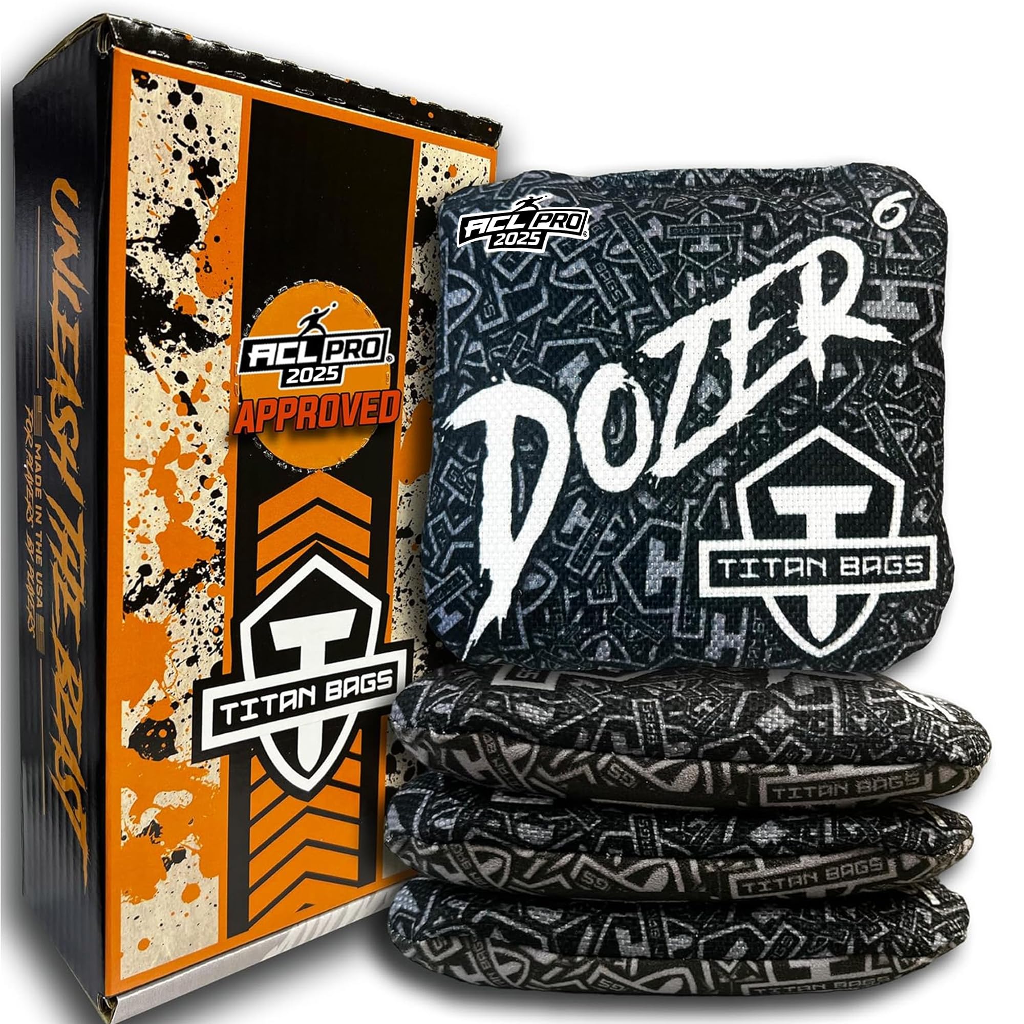 ACL PRO Approved Titan Bags Dozer Cornhole Bags - 6x6 Inch Professional Tournament Bean Bags for Indoor & Outdoor Cornhole Games - Durable, Weather-Resistant Toss Bags for Backyard Parties, Tailgating & Competitive Play (Set of 4)