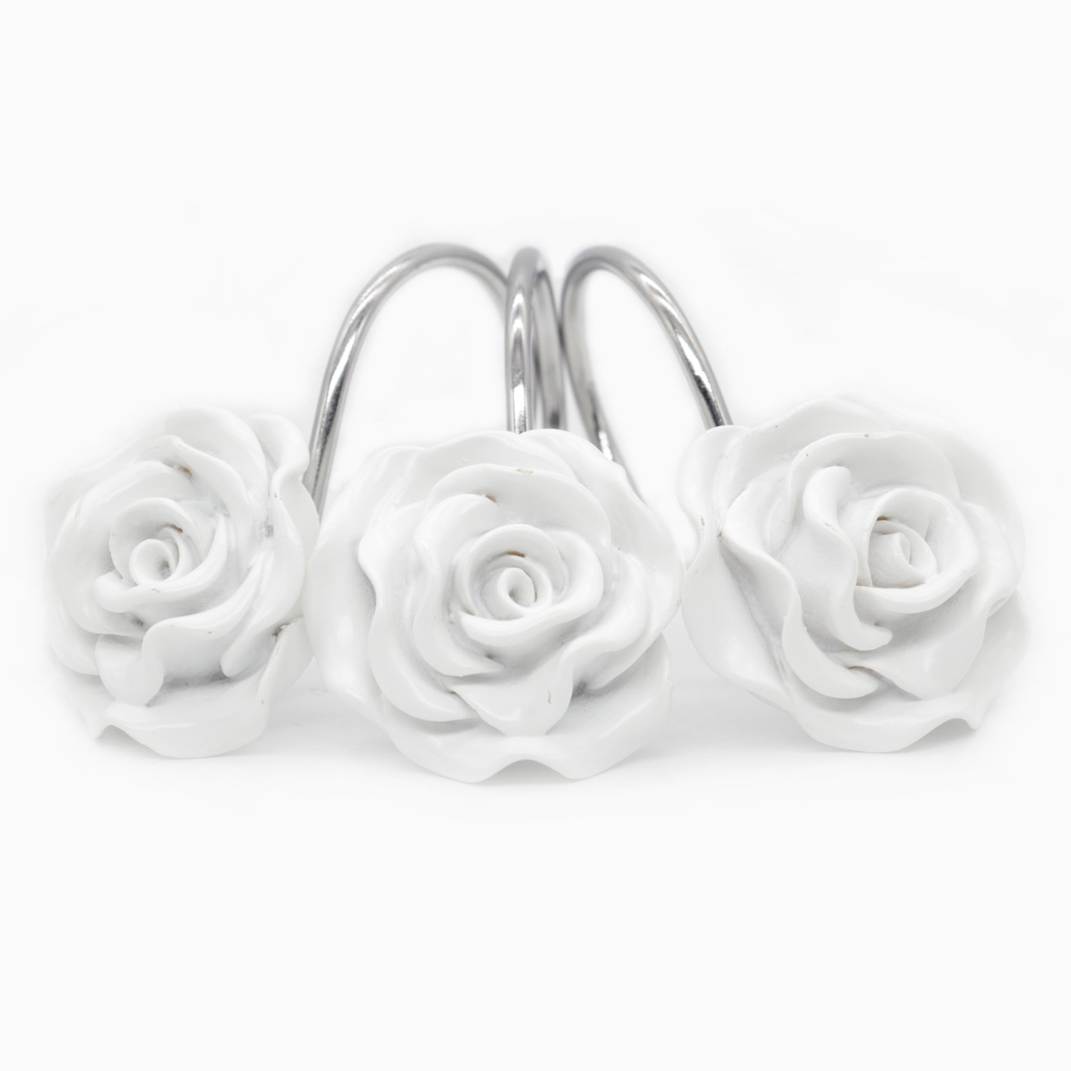 BEAVO 12 Pack Rustproof Resin Rose Flower Shower Curtain Hooks - Decorative Bathroom Accessories for Shower Rods & Curtains, White - Perfect for Home, Hotel, and Spa Decor