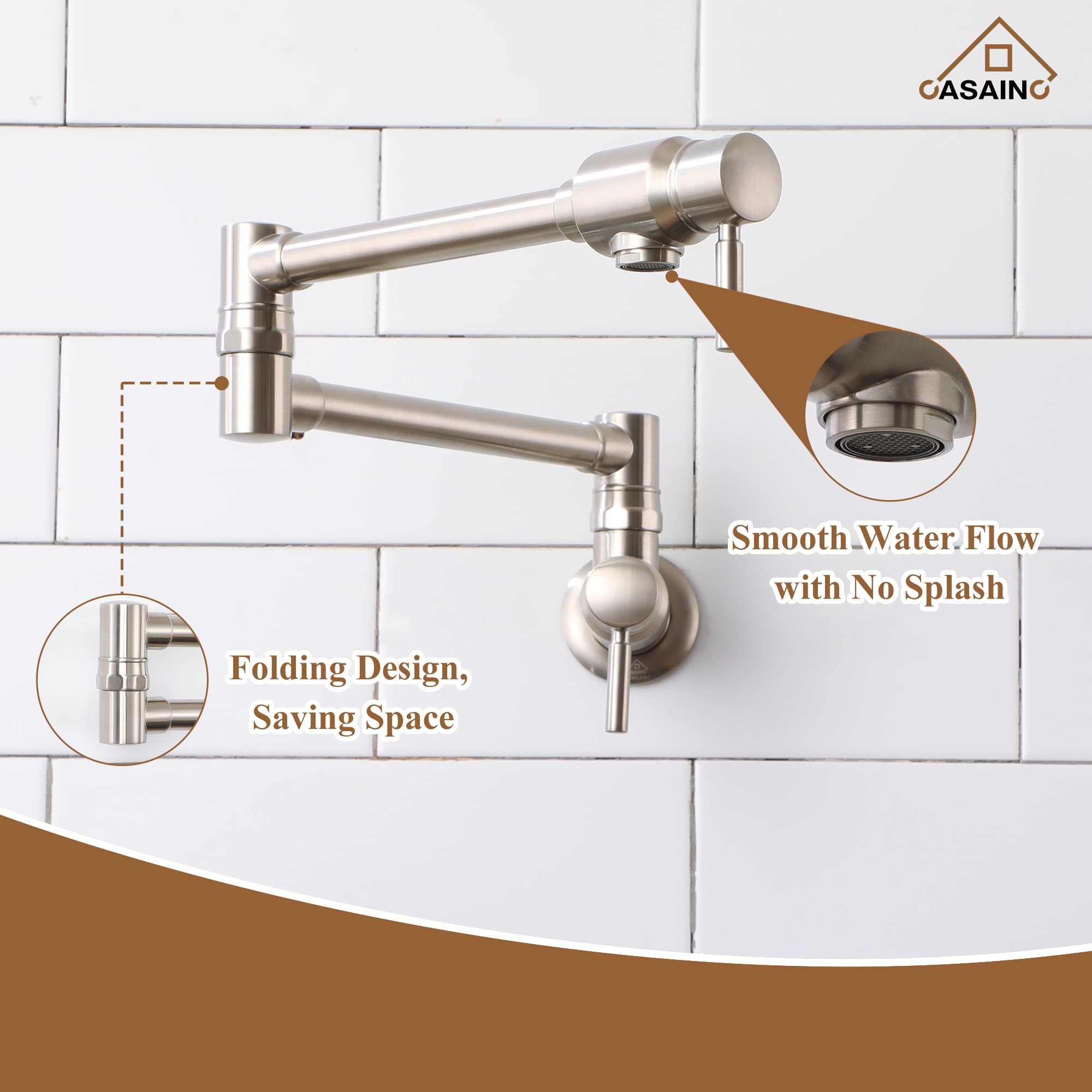 CASAINC Brushed Nickel Commercial Wall Mount Pot Filler Kitchen Faucet - Brass Swing Arm Stove Faucet with Double Joint for Easy Cooking | Perfect for Home Kitchens, Restaurants & Outdoor Cooking Stations