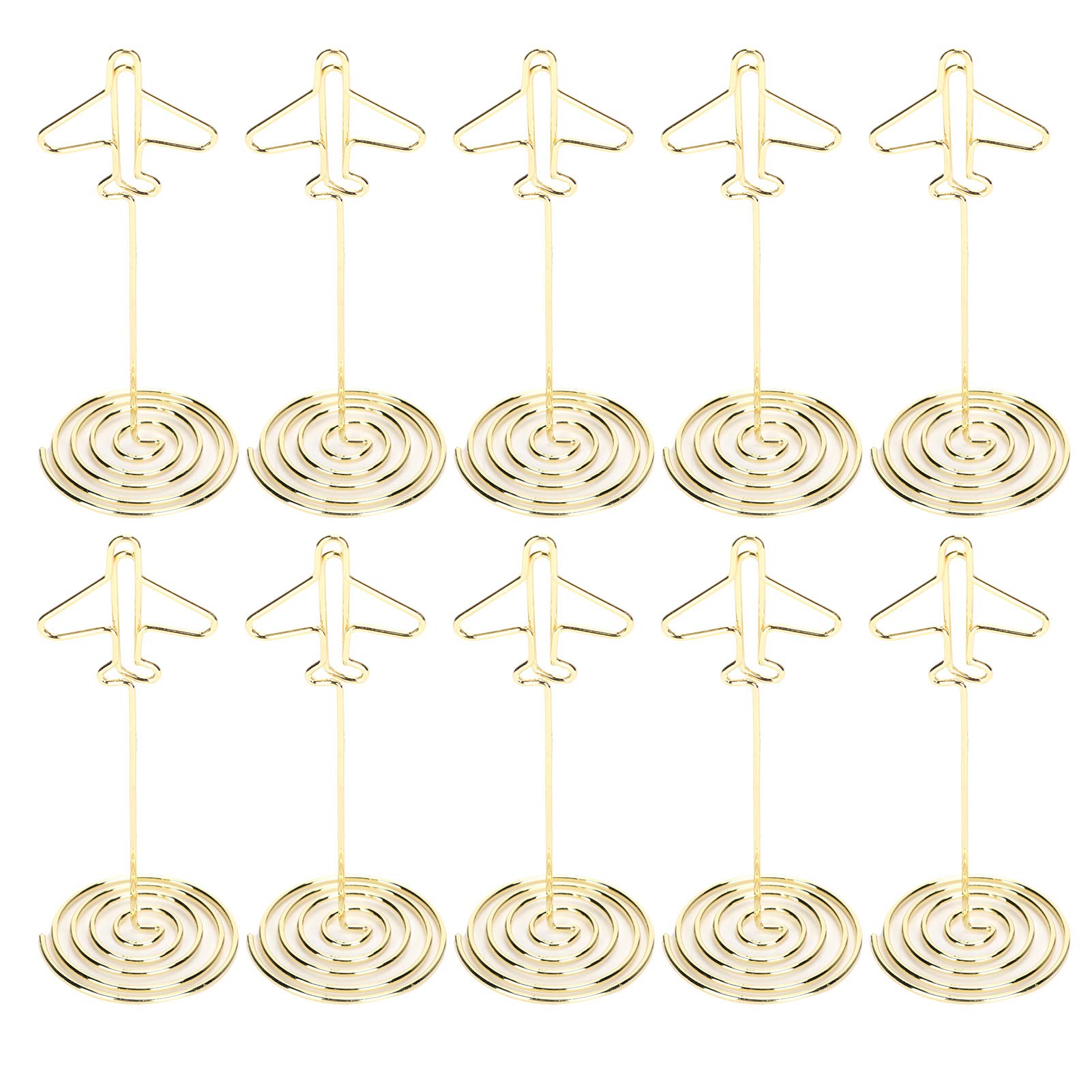 3.5 Inch Gold Metal Card Holders - 10 Pack Table Number Stands for Name Cards, Menus, Photos & Business Cards - Elegant Airplane Design with Base - Perfect for Weddings, Events & Office Organization