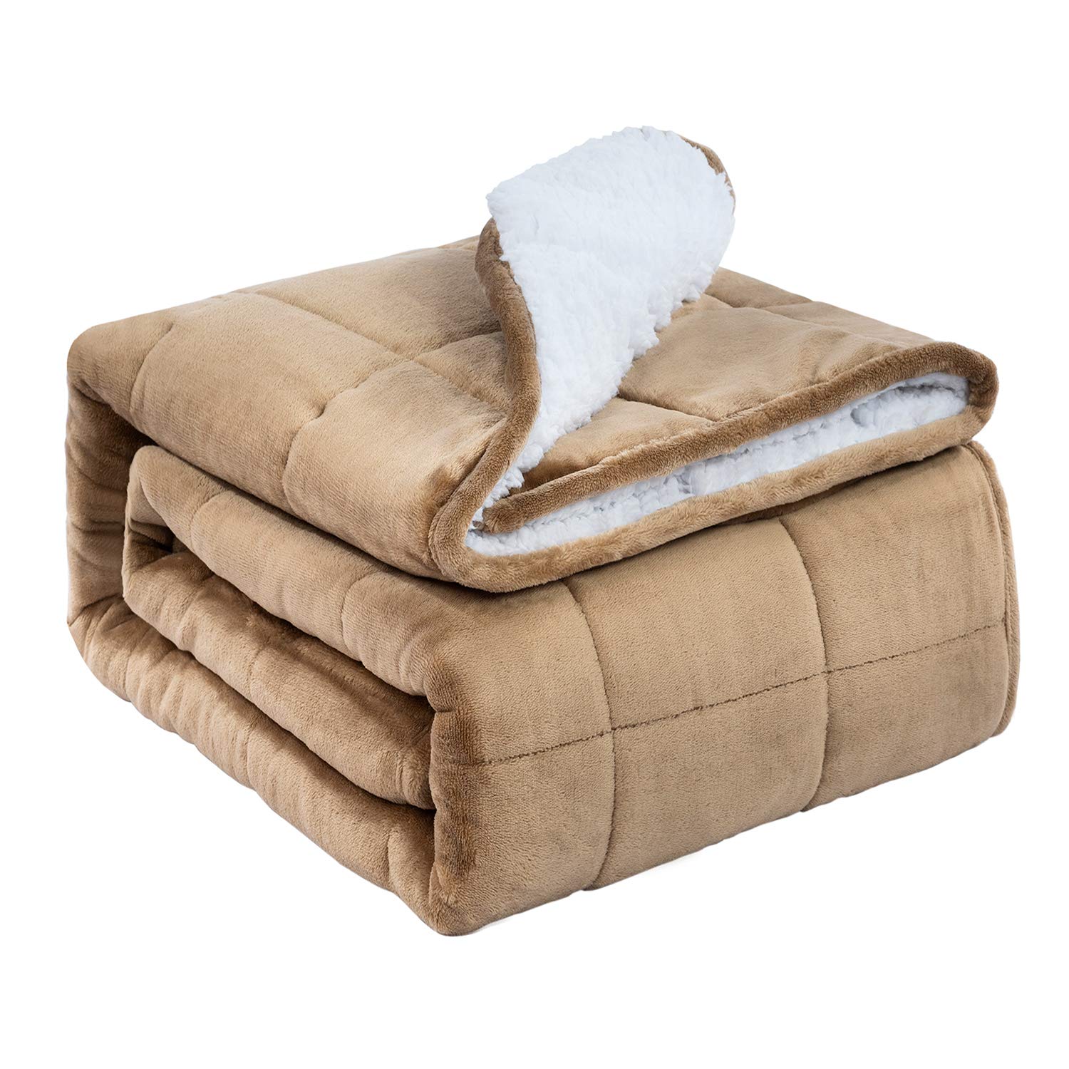 BUZIO 15 lbs Weighted Blanket for Adults - Twin Size 48x72 Inches - Soft Sherpa Heavy Blanket for Relaxation & Better Sleep - Cozy Fluffy Couch Throw for Stress Relief, Anxiety & Insomnia - Light Tan - Perfect for Bedroom, Living Room & Travel