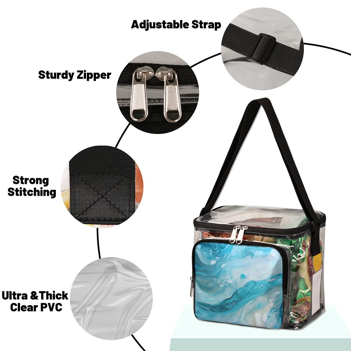 GzLeyigou Blue Marble Print Clear Tote Bag with Handles - Transparent Crossbody Shoulder Bag for Lunch, Outdoor, Travel, Picnic, Concerts & Sports Events (Stadium Approved) - Stylish & Functional for Daily Use, Shopping, Beach Trips and Music Festivals