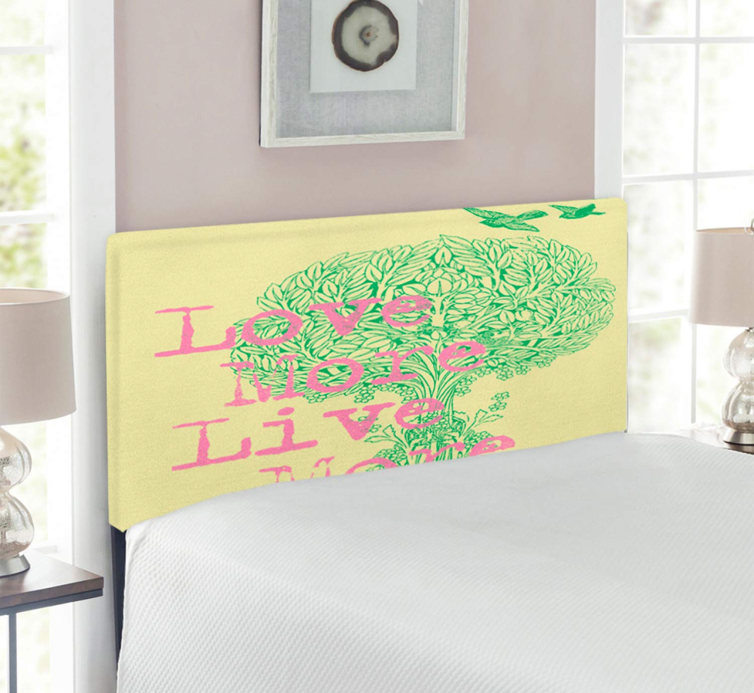 Ambesonne Animal Upholstered Headboard with Memory Foam - Twin Size Green, Pink & Yellow Bed Headboard for Kids Room Decor | Positive Love & Peace Design | Perfect for Nursery, Bedroom or Dorm