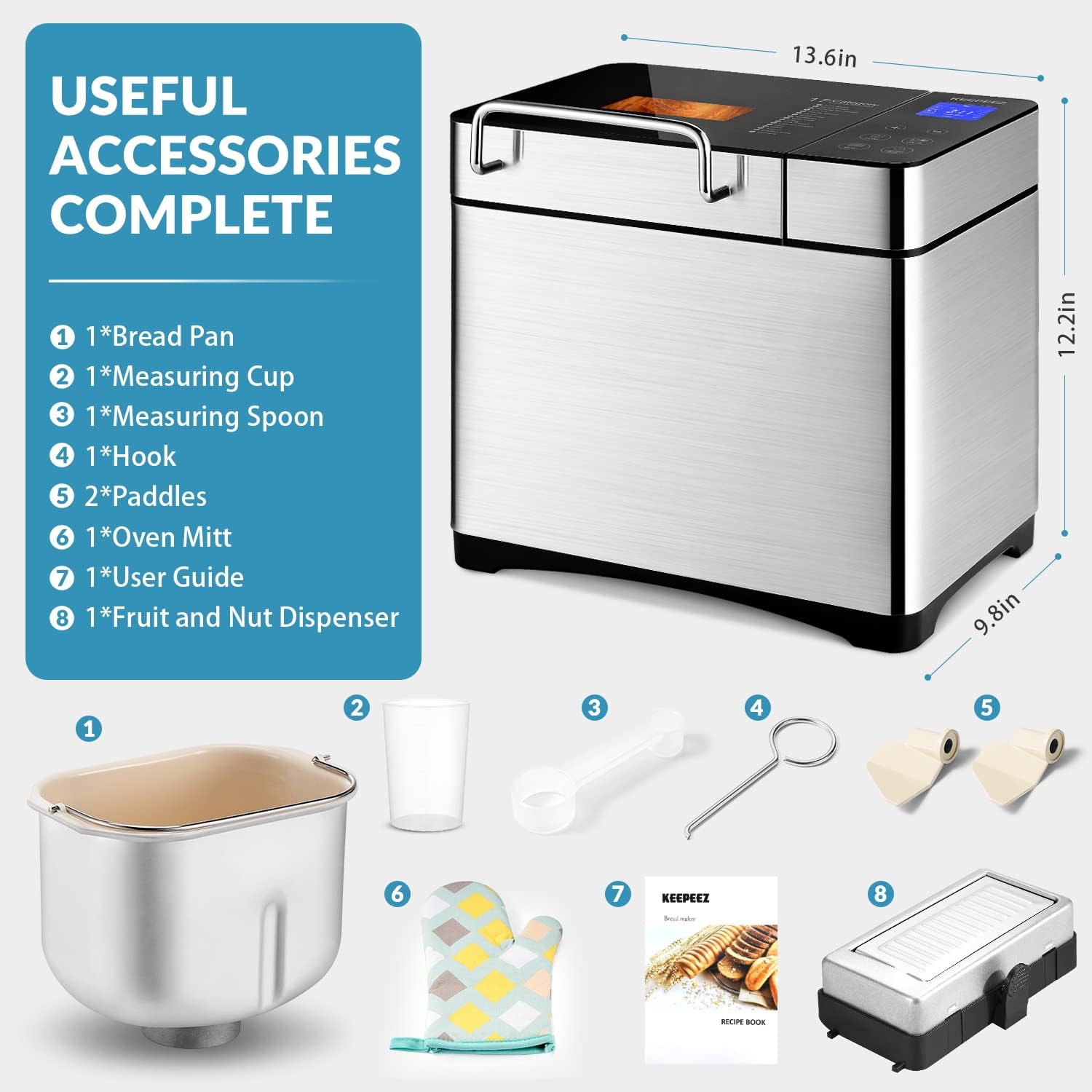 17-in-1 Stainless Steel Bread Maker Machine - 2LB Capacity, BPA-Free Non-Stick 5-Layer Ceramic Pan, Automatic Nut Dispenser, Dual Kneading Paddles, 15-Hour Timer & Keep Warm Function - Perfect for Homemade Bread, Artisan Loaves, and Gluten-Free Baking (Includes Recipe Book)