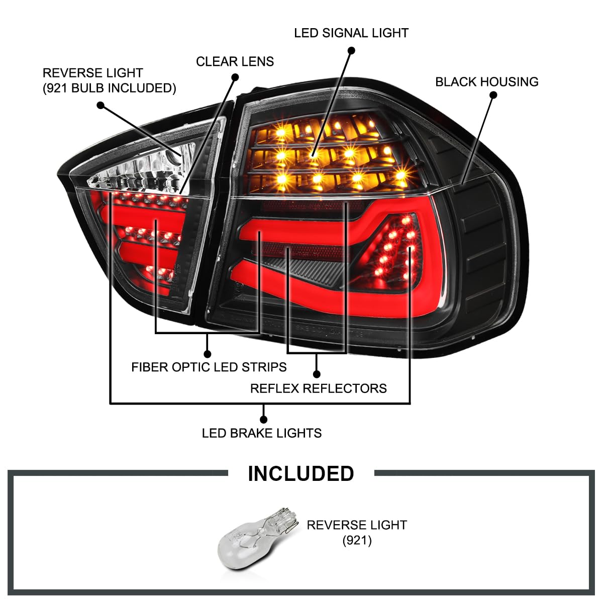 Spec-D Tuning Black LED Tube Tail Lights for 2005-2008 BMW E90 3-Series 4-Door Sedan - Left & Right Pair Assembly - Enhanced Night Visibility & Modern Style for Daily Driving & Car Shows