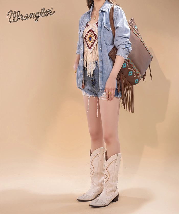 Wrangler Aztec Embroidered Fringe Wide Tote Bag for Women - Stylish Boho Shoulder Purse for Beach, Travel & Everyday Use
