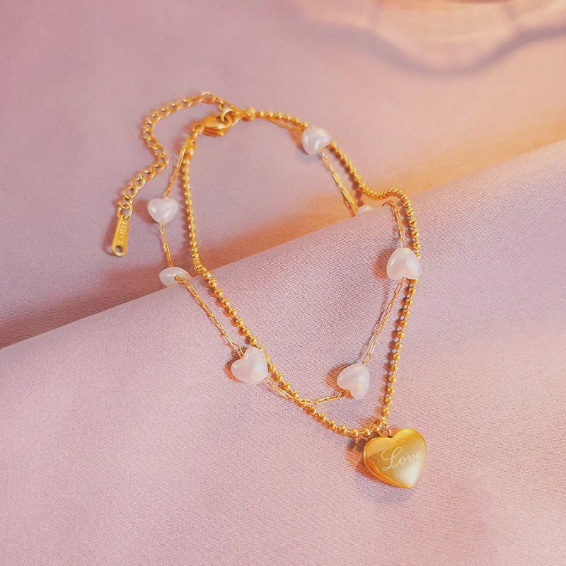 Layered Gold Heart Anklet Chain with Pearl Beads - Dainty Adjustable Ankle Bracelet for Women | Perfect for Beach, Wedding & Everyday Wear | NL640