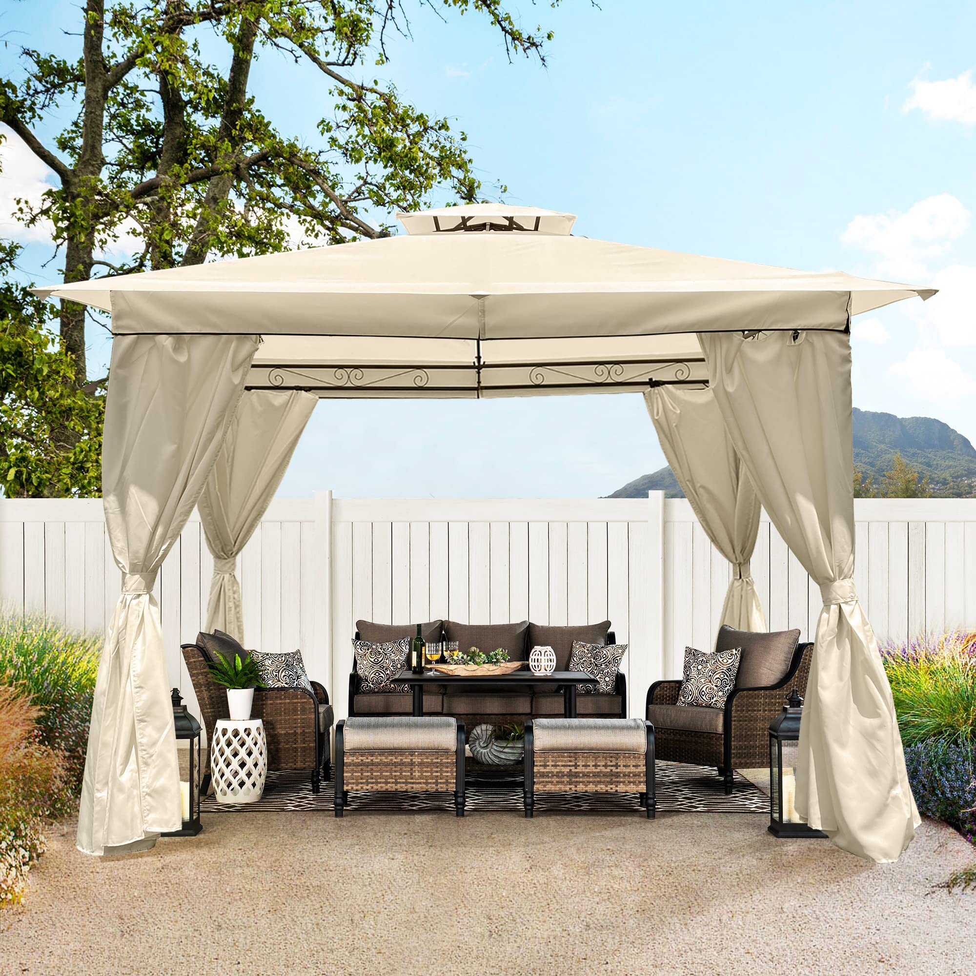 10x10Ft Outdoor Patio Gazebo with UV Protection & Curtains - Waterproof Garden Canopy Tent for Backyard, Deck, Poolside (Beige) - Perfect for Outdoor Dining, Parties & Relaxation