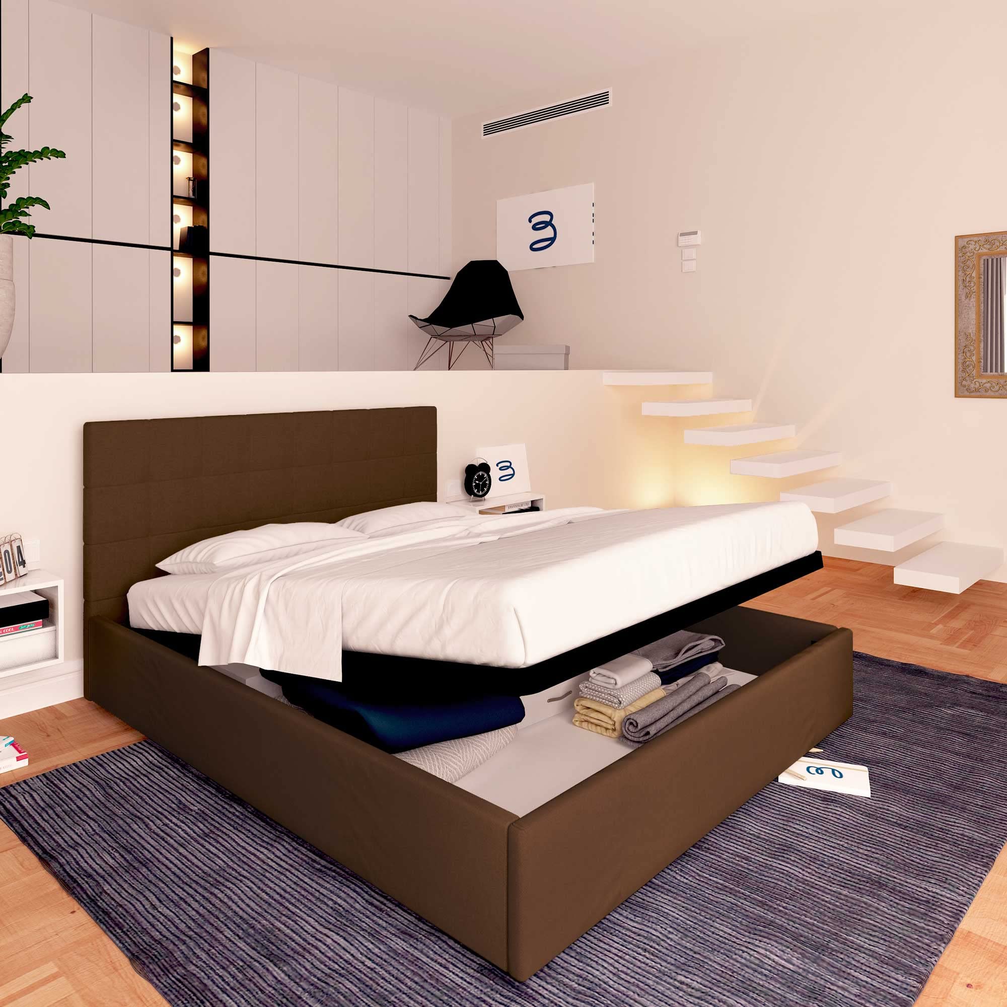 Baldiflex Square and Half Bed with Storage, Dublin Fabric Model, Slatted Base for Square and Half Mattresses, 120 x 190 cm, Elegant Headboard, Brown - Perfect for Small Bedrooms, Guest Rooms & Modern Apartments