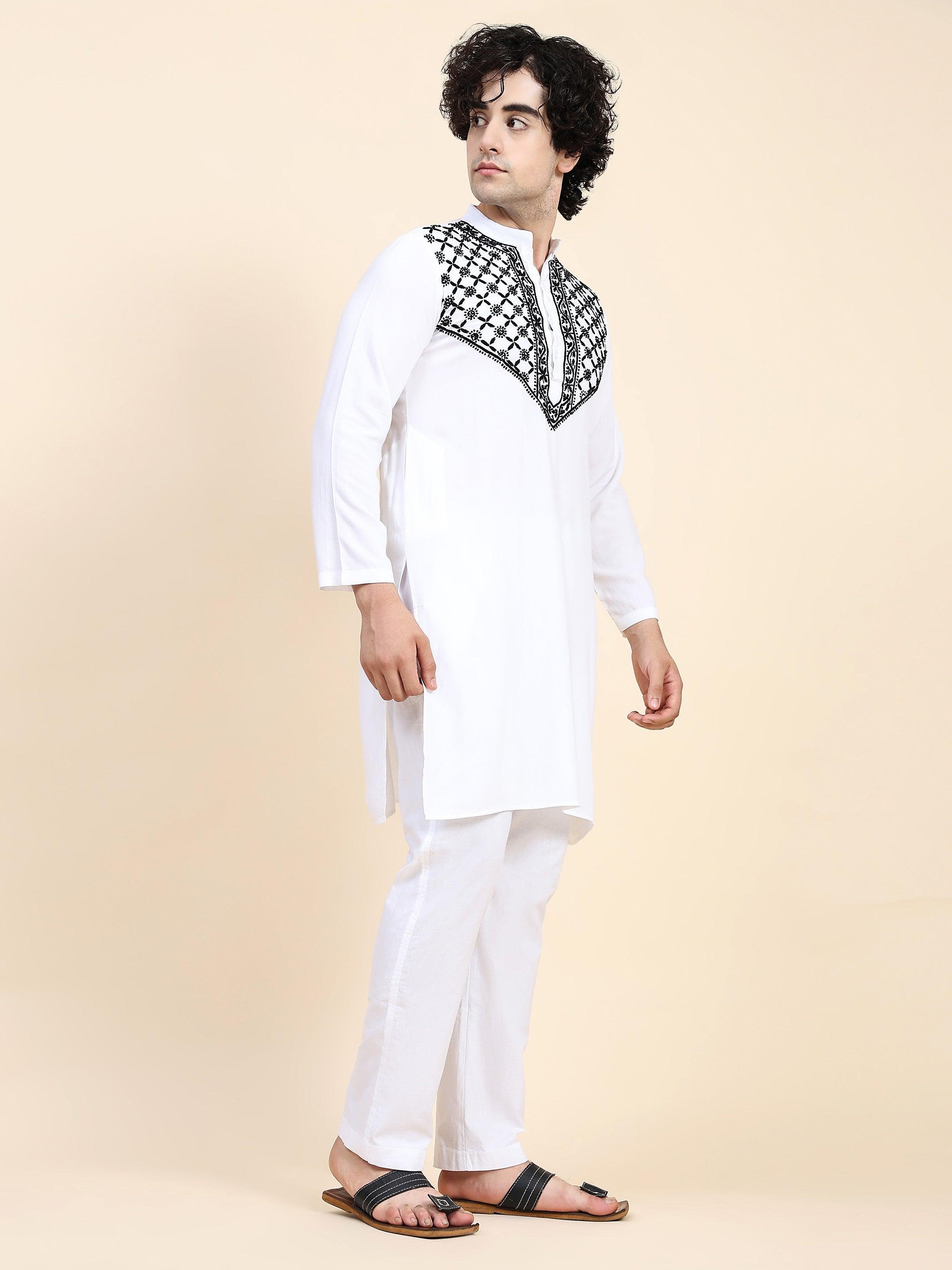 HOK Men's Chikankari Kurta - White Rayon Cotton Traditional Indian Tunic - Perfect for Festivals, Weddings & Cultural Events