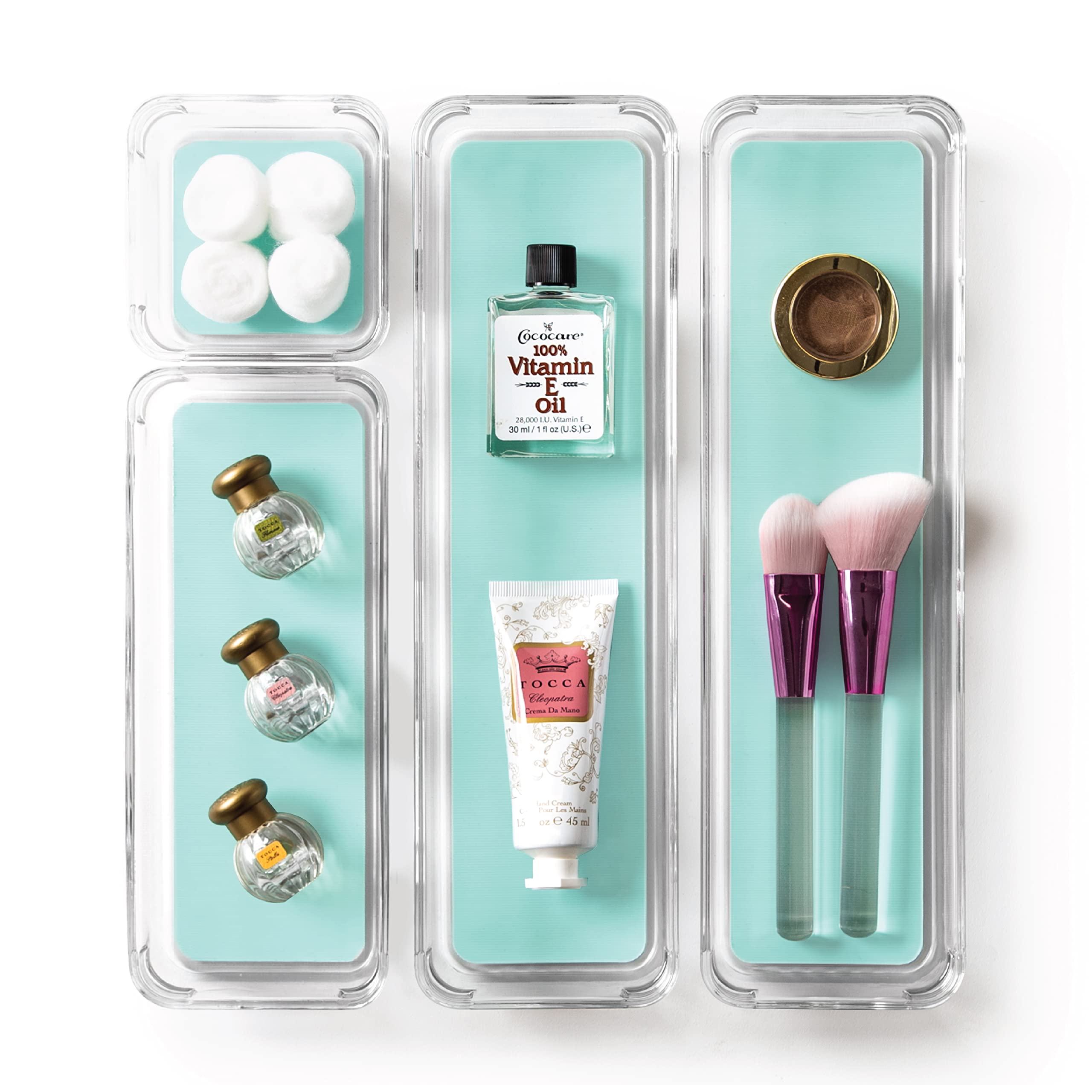 BINO 4-Piece Drawer Organizer Set - Aqua Color, Small Size | Modular Storage Bins with Soft-Grip Lining & Non-Slip Base | Durable BPA-Free Plastic | Desk, Vanity, Bathroom & Closet Organization | Perfect for Home, Office & Dorm Storage Solutions