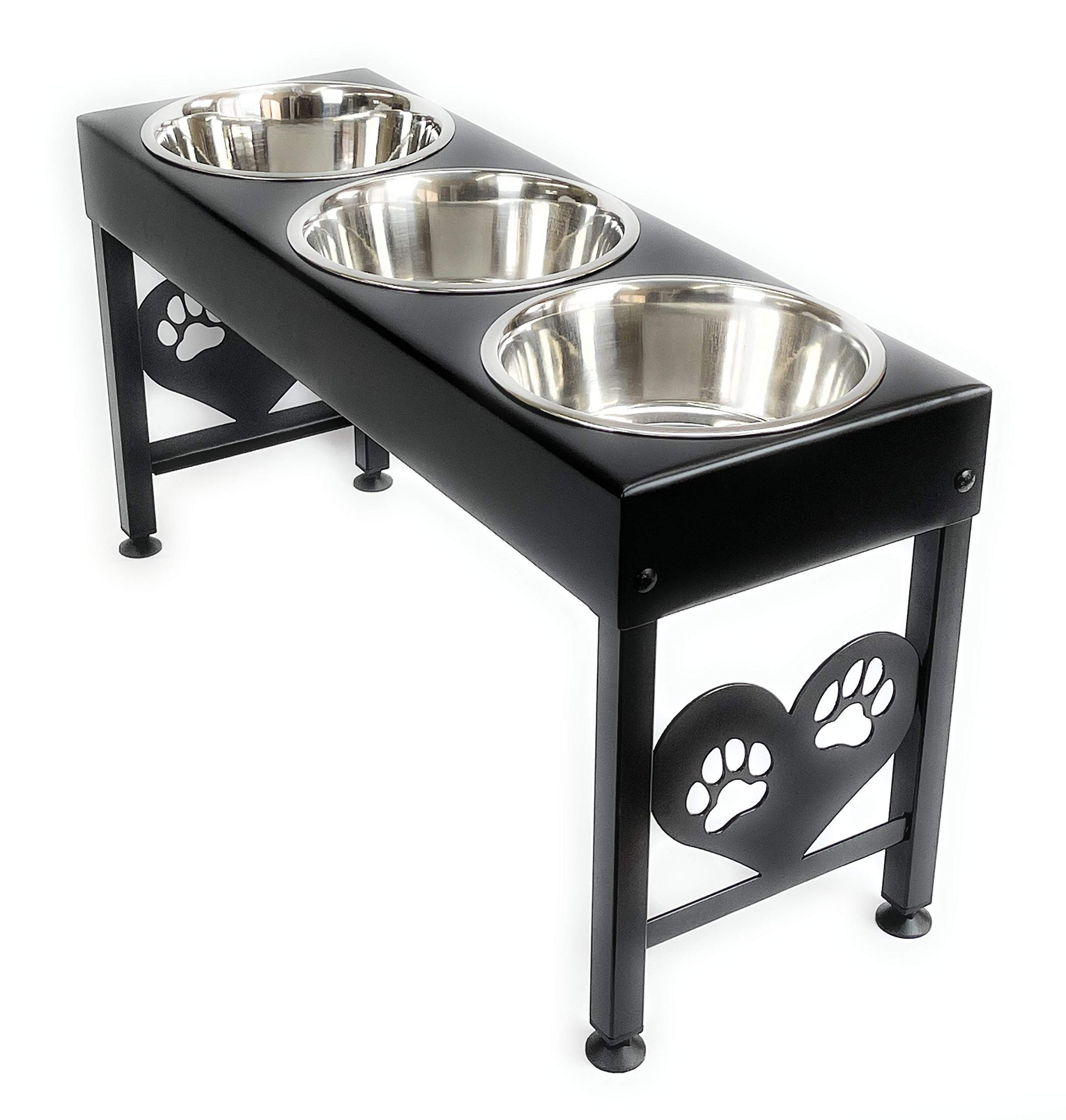 3 Bowl Dog Feeder Station - Triple 3 Quart Stainless Steel Bowls, 16 Inch Tall, Made in USA - Perfect for Multi-Pet Homes and Outdoor Feeding